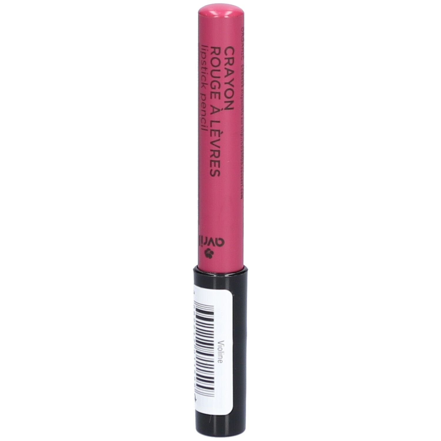 Crayon rouge à lèvres rose avec base noire. Inscription: Crayon Rouge à Lèvres, lipstick pencil, Avril. Teinte: Violine.