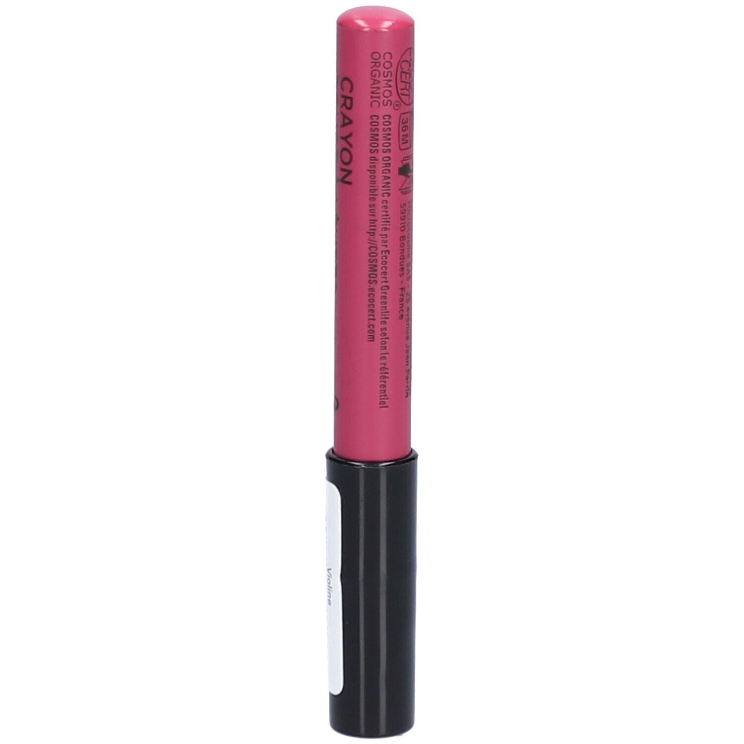 Crayon rouge à lèvres rose avec base noire. Inscription: Crayon, Crayon Rouge à Lèvres, lipstick pencil. Certifié Bio.