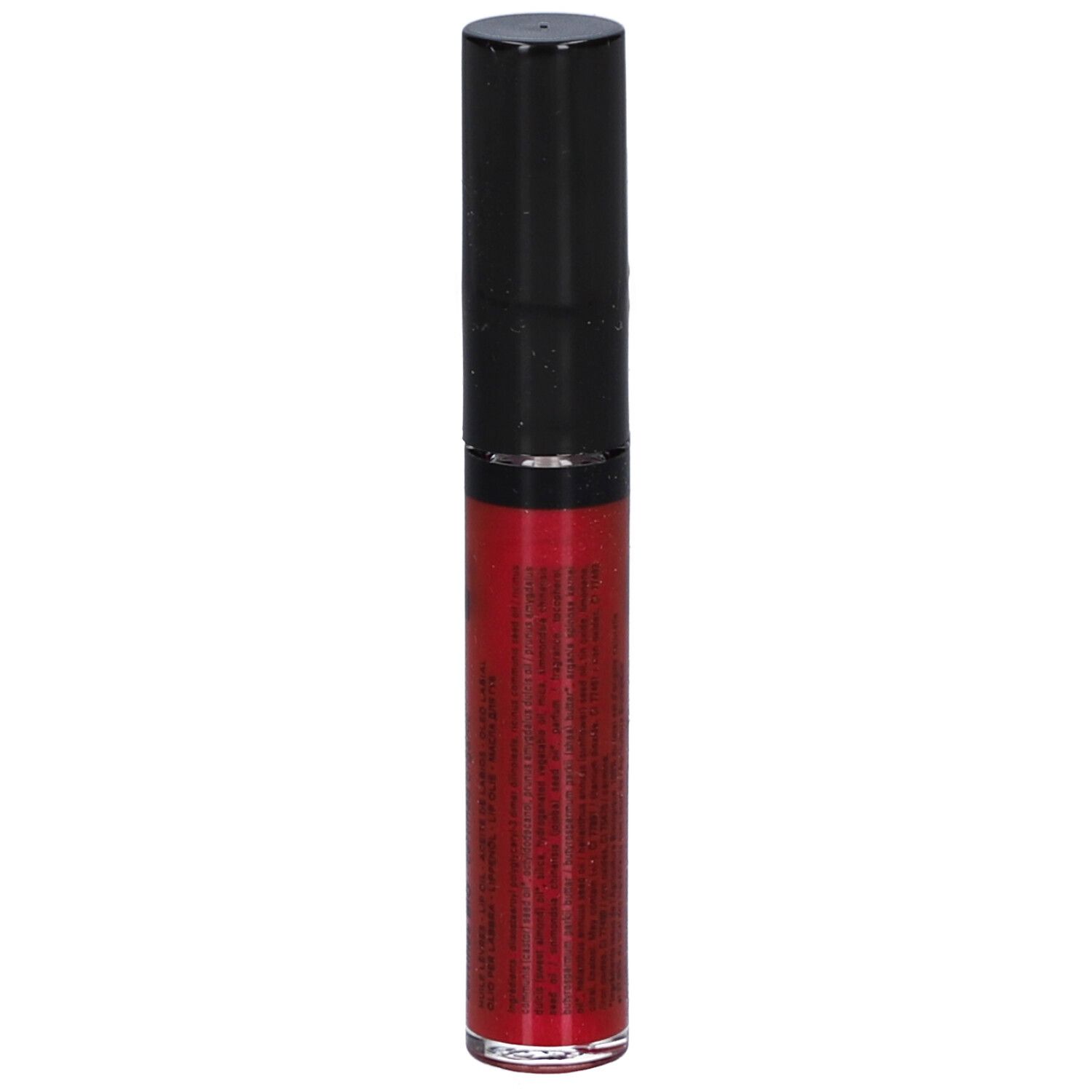 Huile à lèvres rouge dans un tube transparent avec un bouchon noir. Le produit porte le logo Avril et l'inscription "HUILE LEVRES lip oil".