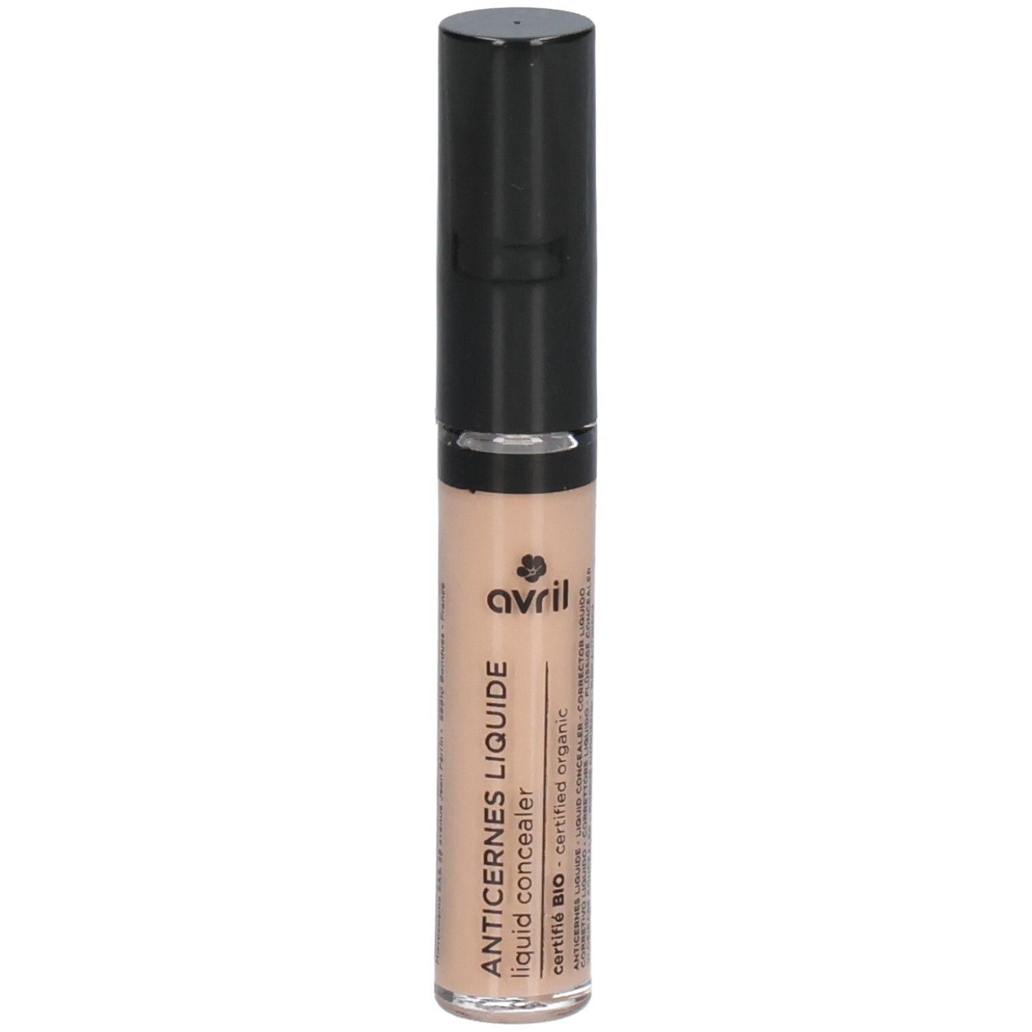 Correcteur liquide Avril, doré, en flacon allongé avec bouchon noir. Inscription: Anti-Cernes Liquide. Certifié bio.