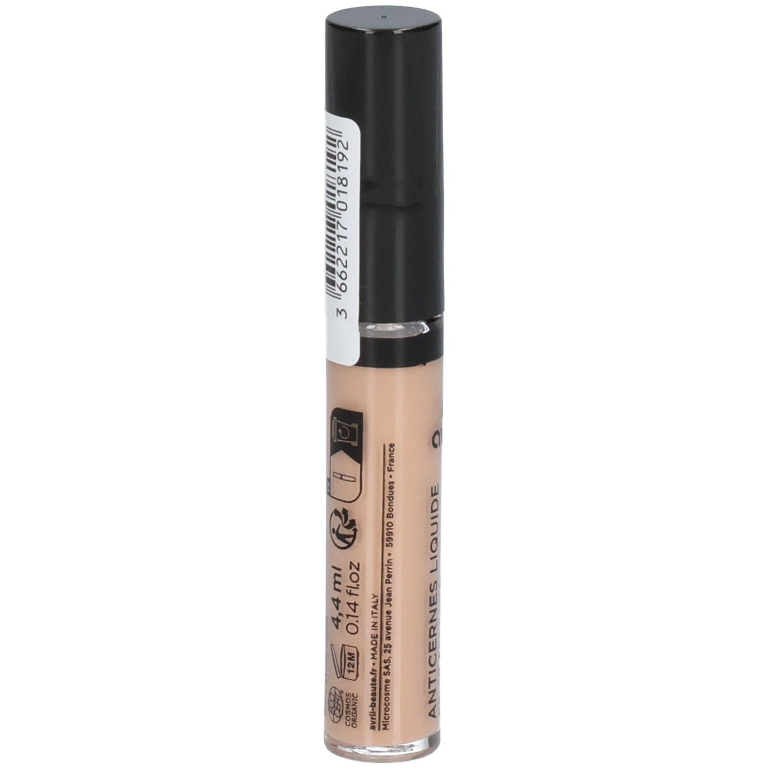 Correcteur liquide Avril en flacon allongé avec bouchon noir. Inscription: Anti-Cernes Liquide. Volume: 4,4 ml. Fabriqué en Italie.