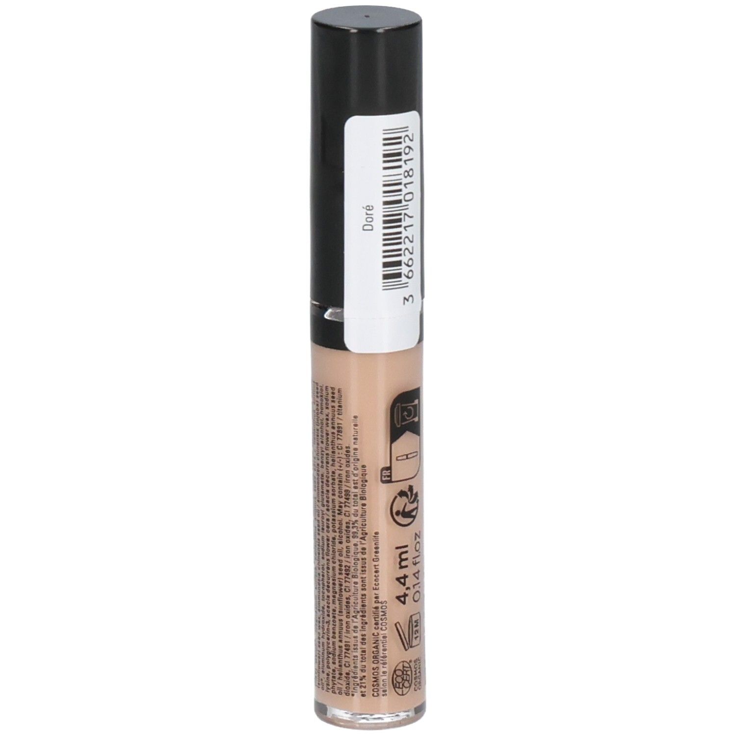 Correcteur liquide Avril en flacon allongé avec bouchon noir. Inscription: Doré. Volume: 4,4 ml. Certifié bio.