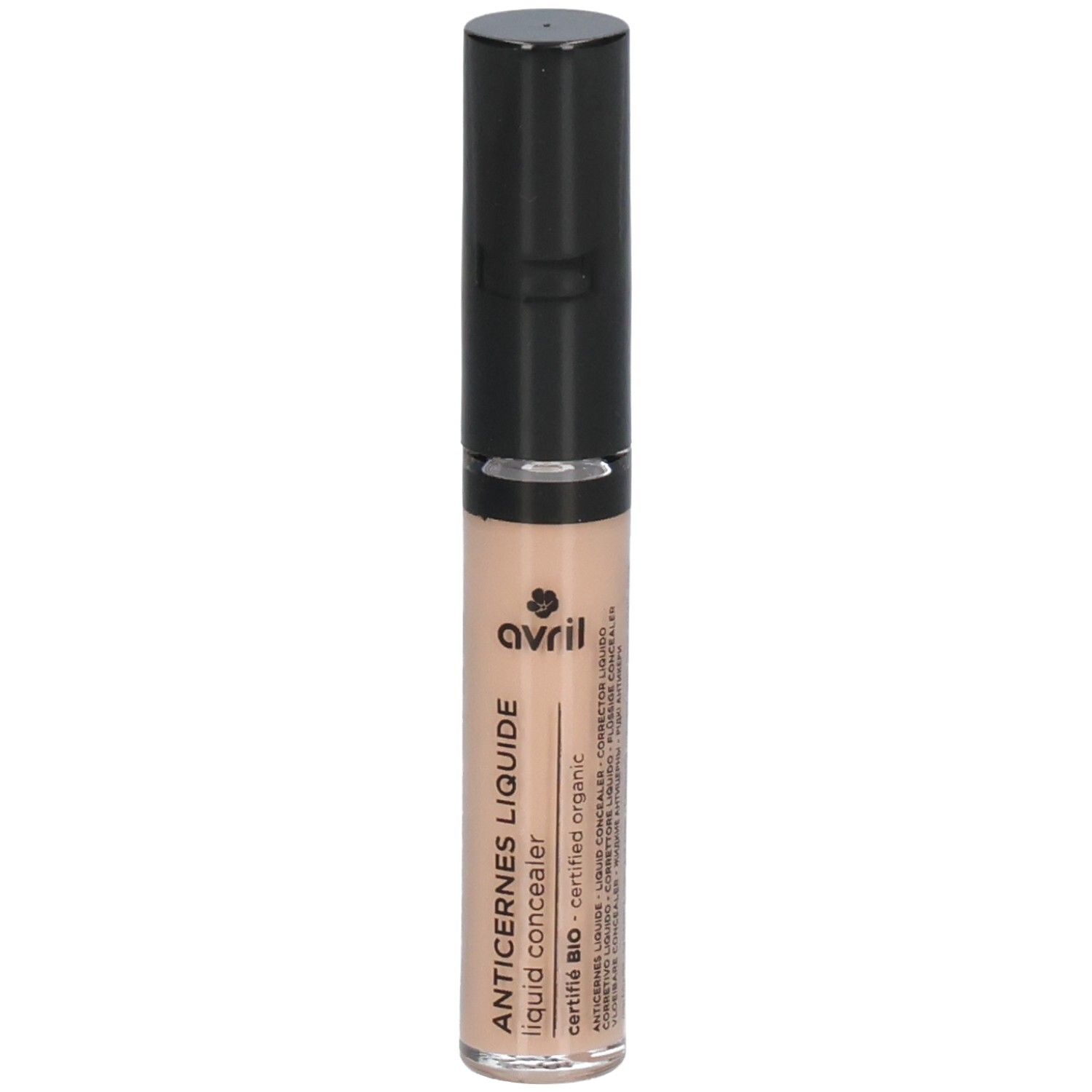 Correcteur liquide Avril en flacon allongé avec bouchon noir. Inscription: Anti-Cernes Liquide. Certifié bio.