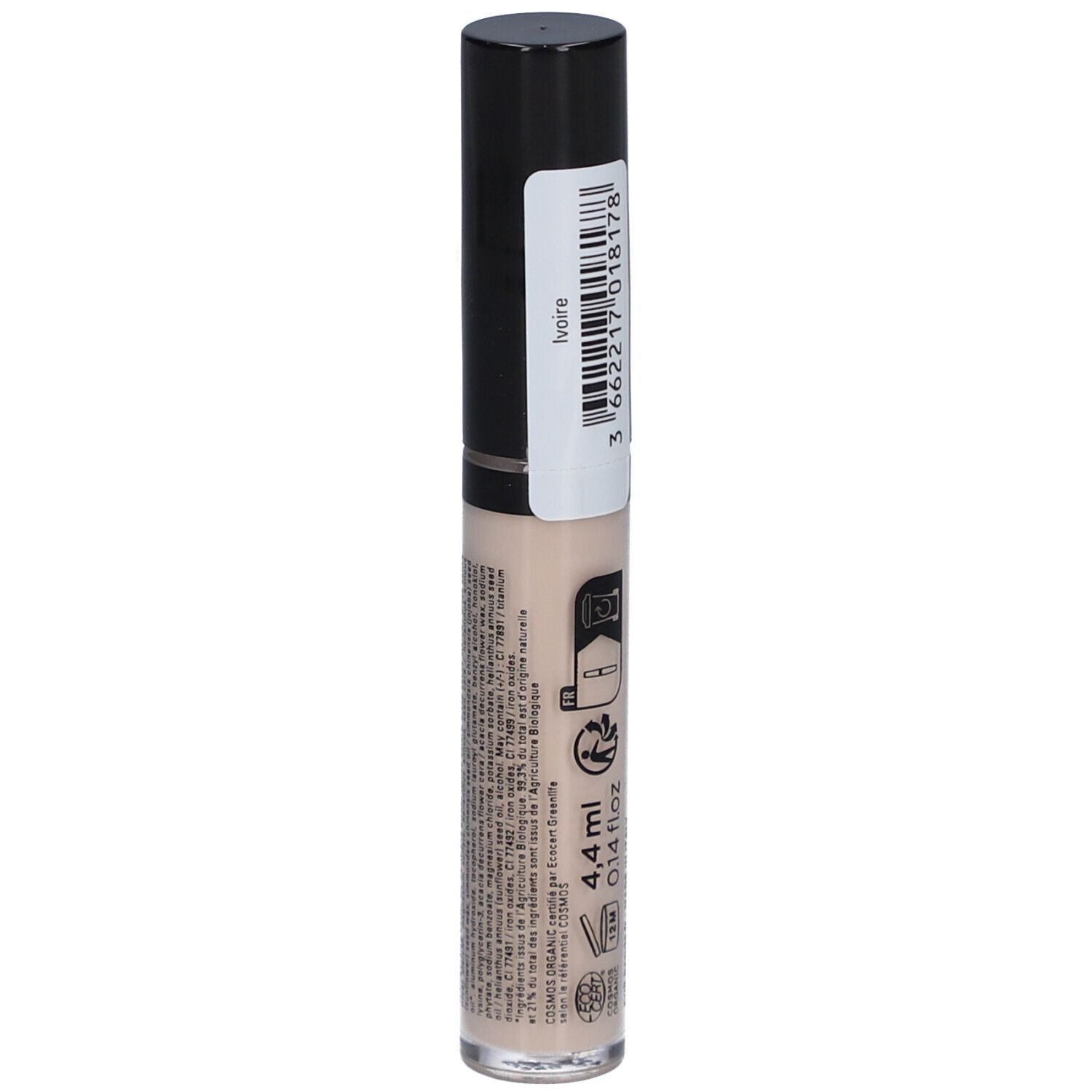 AVRIL Anti-cernes liquide Ivoire. Fles met zwarte dop. Productnaam en tint 'Ivoire' zichtbaar. 4,4 ml.