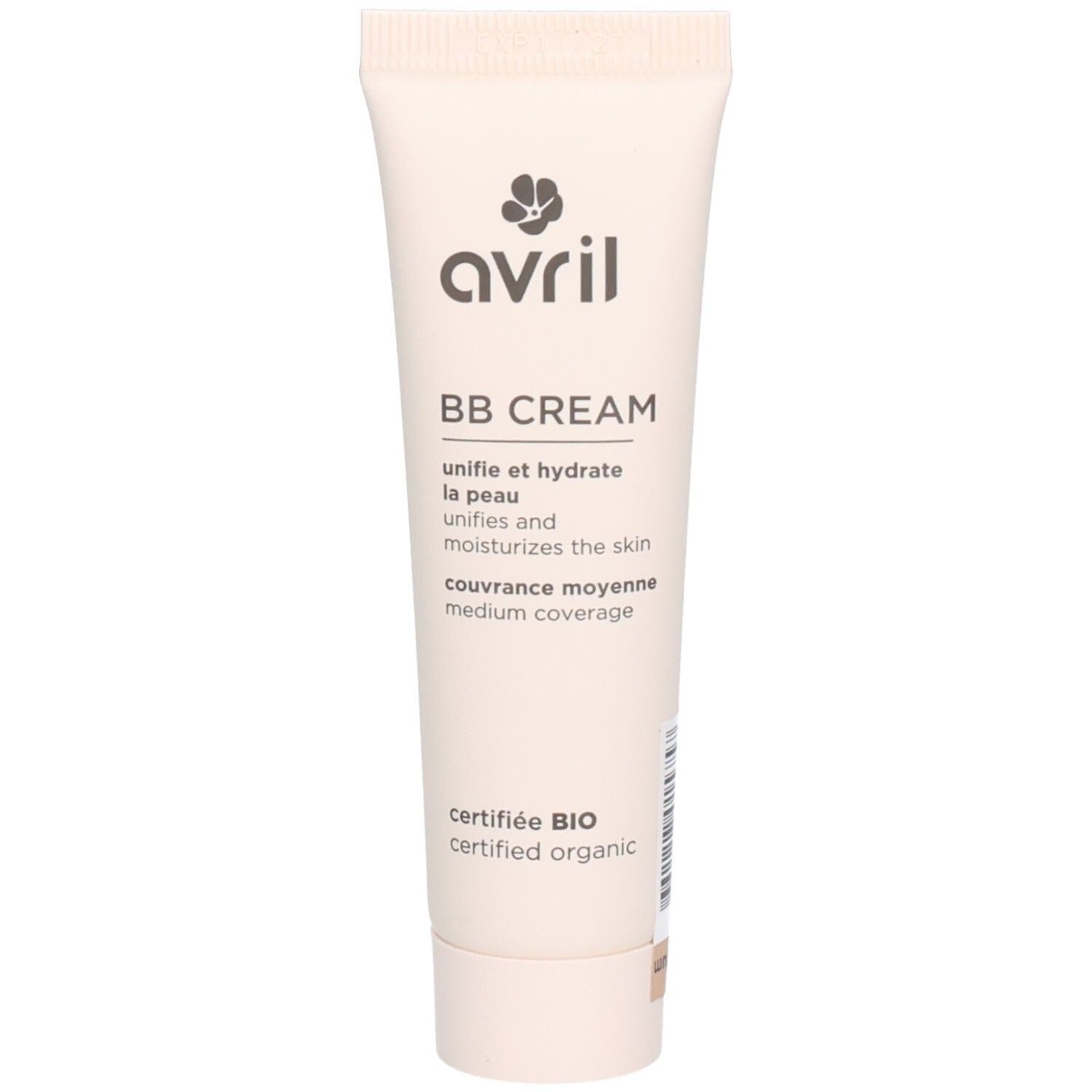 Tube beige avec logo "avril" et "BB CREAM". Texte : "unifie et hydrate la peau", "couvrance moyenne", "certifié BIO".