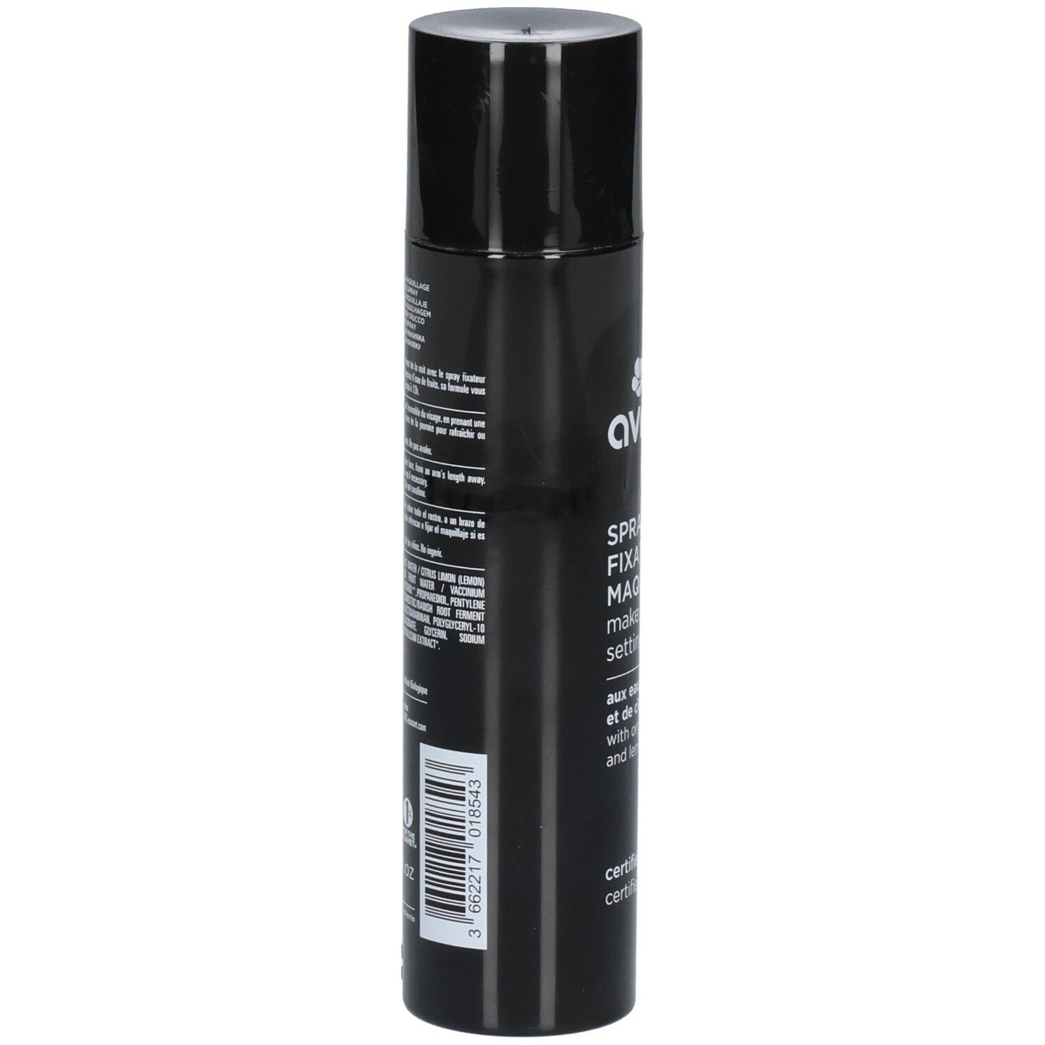 Aérosol noir avec capuchon argenté. Texte : 'AVON', 'SPRAY FIX MAKEUP'.