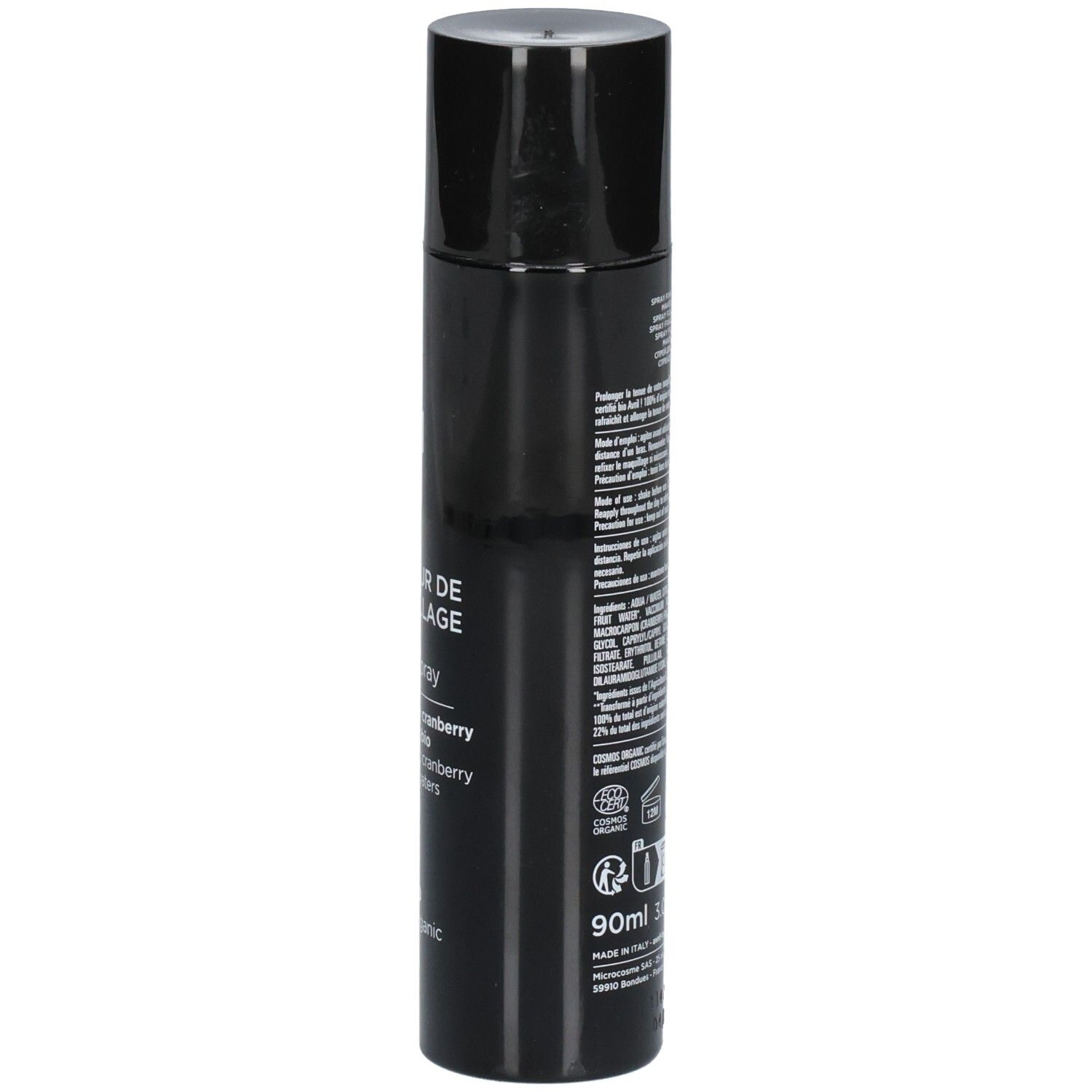 Flacon pompe noir avec bouchon argenté, 90ml. Contient du texte et des logos.