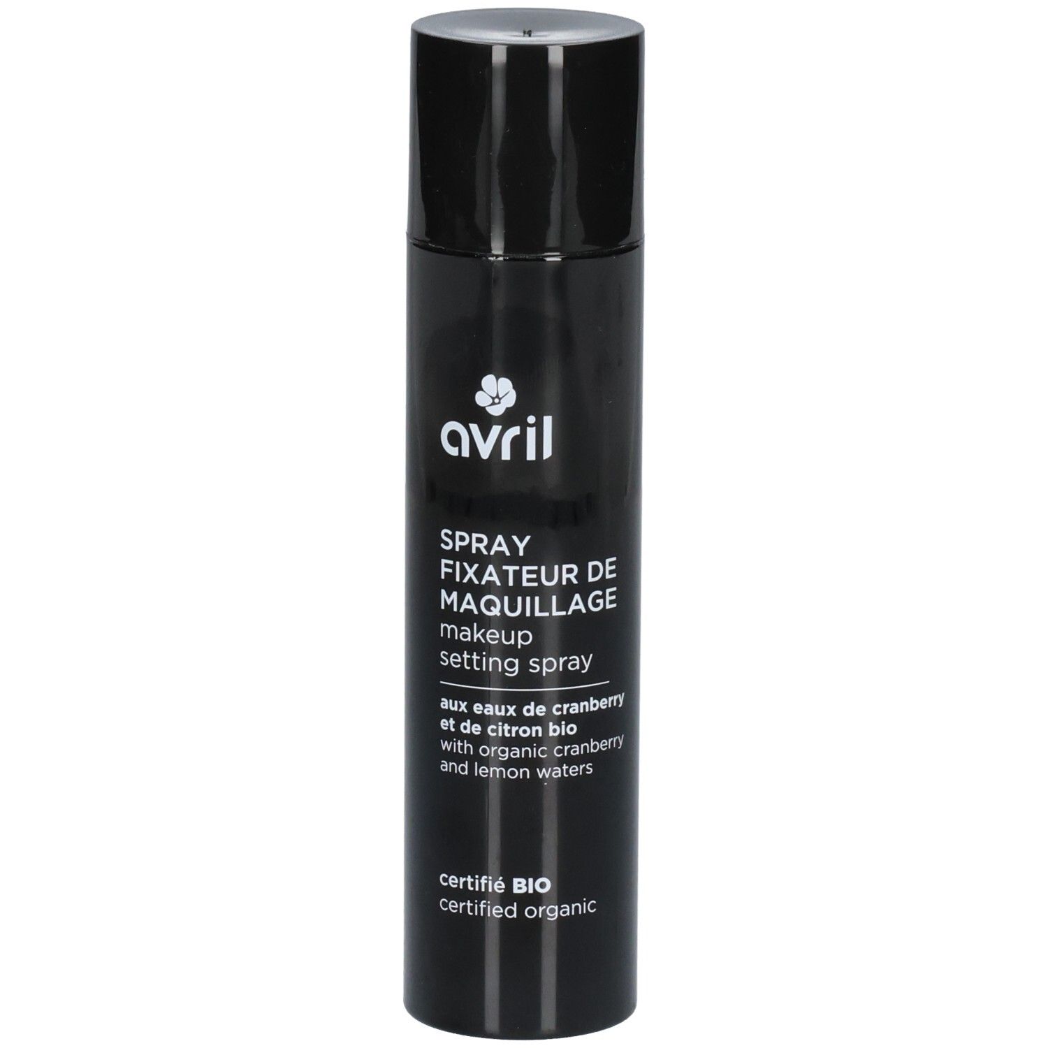 Aérosol noir pour spray fixateur de maquillage avec logo Avril et certification bio.