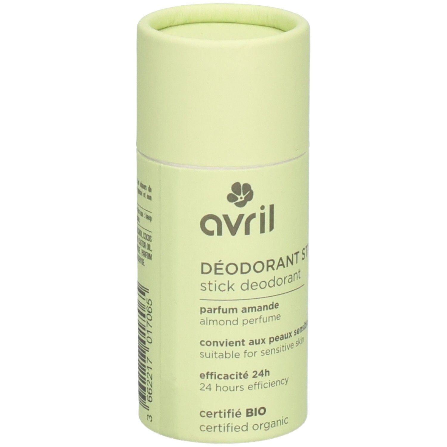 Cilindrische deodorantstick van Avril. Lichtgroene verpakking met productnaam en certificering. Tekst: 'Déodorant Stick', 'parfum amande'.