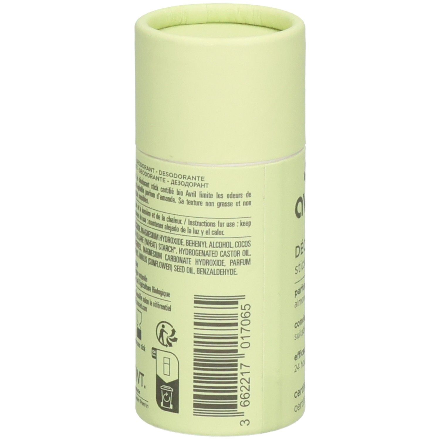 Achterkant van de deodorantstick van Avril. Bevat ingrediënten, gebruiksaanwijzing en barcode. Lichtgroene achtergrond.