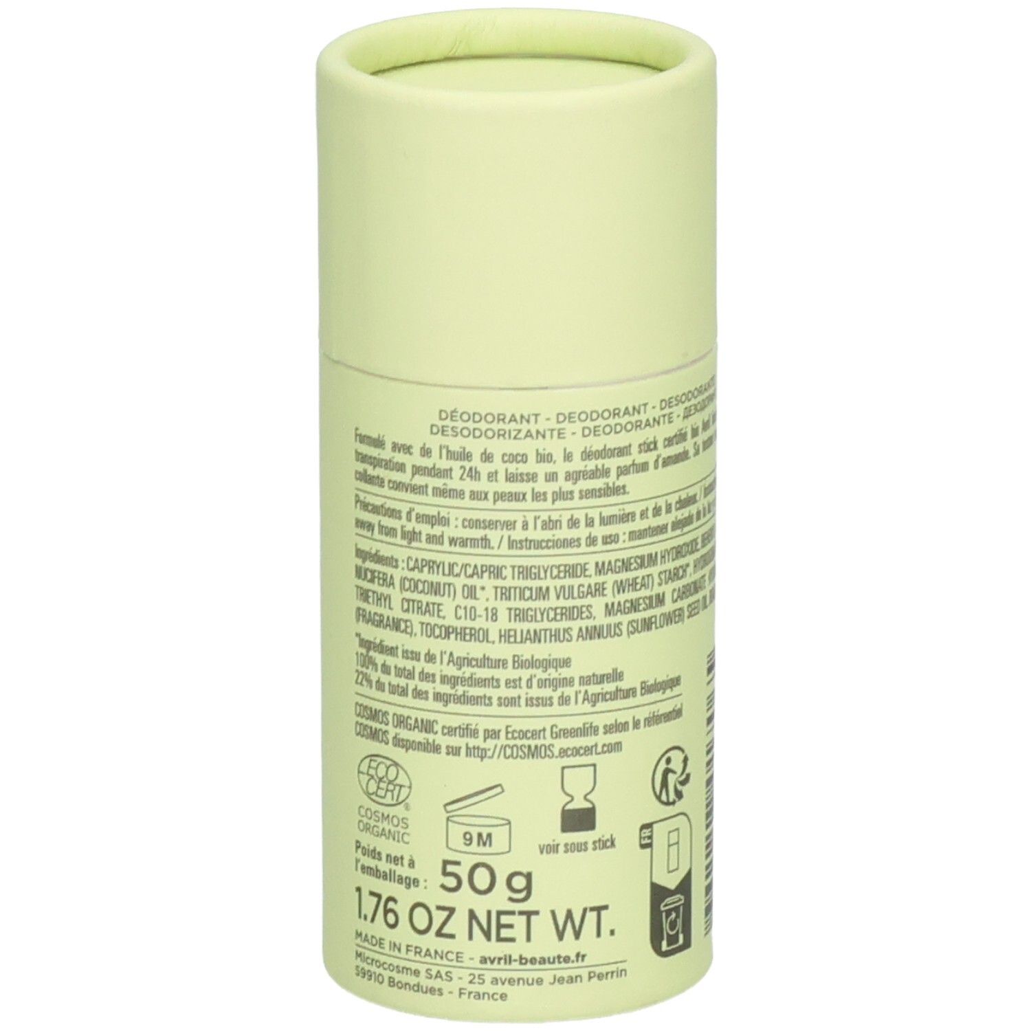 Deodorantstick van Avril met ingrediënten en certificeringen. Gewicht: 50g. Verpakking in lichtgroen.