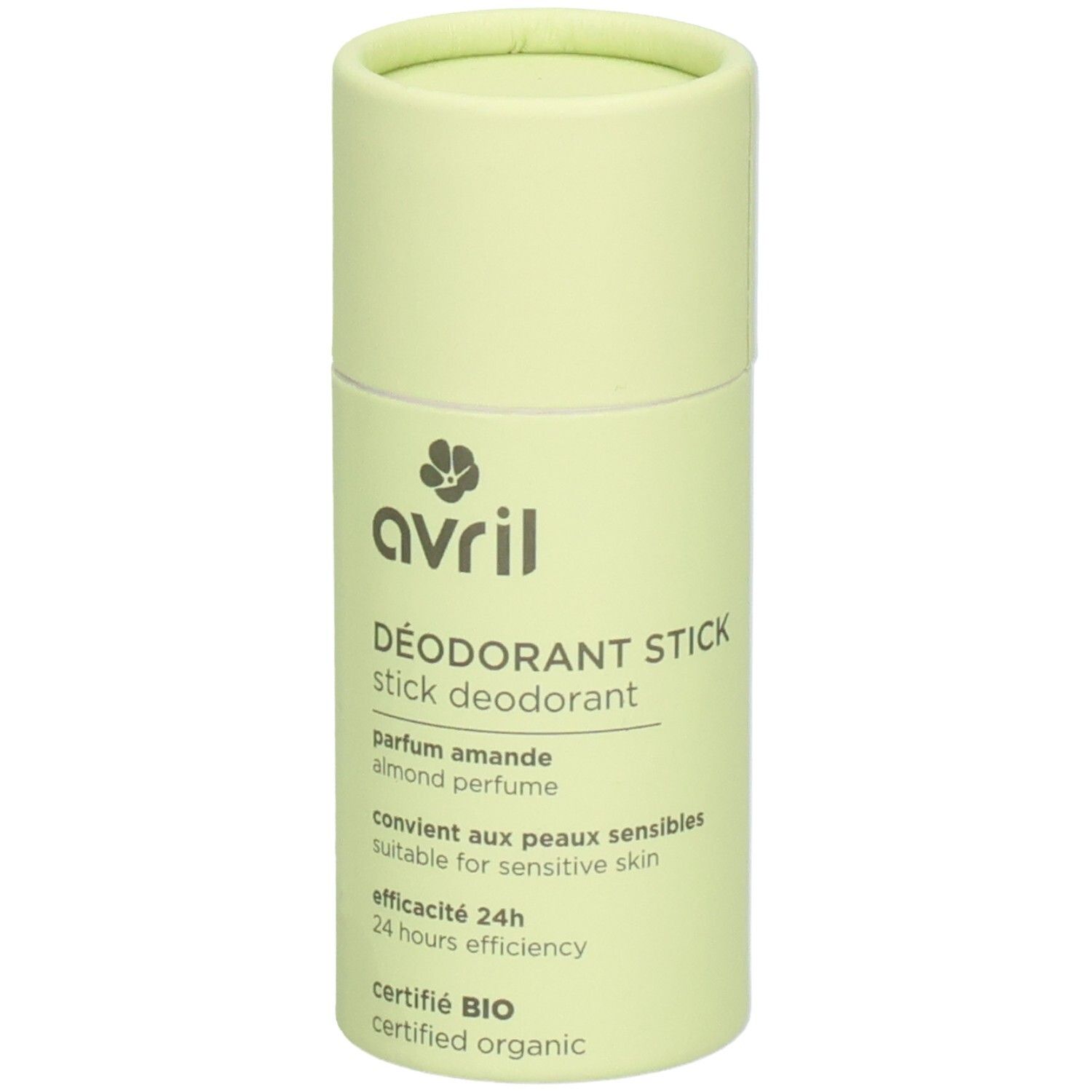 Deodorantstick van Avril, lichtgroene verpakking. Productnaam en certificering zichtbaar. Tekst: 'Déodorant Stick', 'parfum amande'.