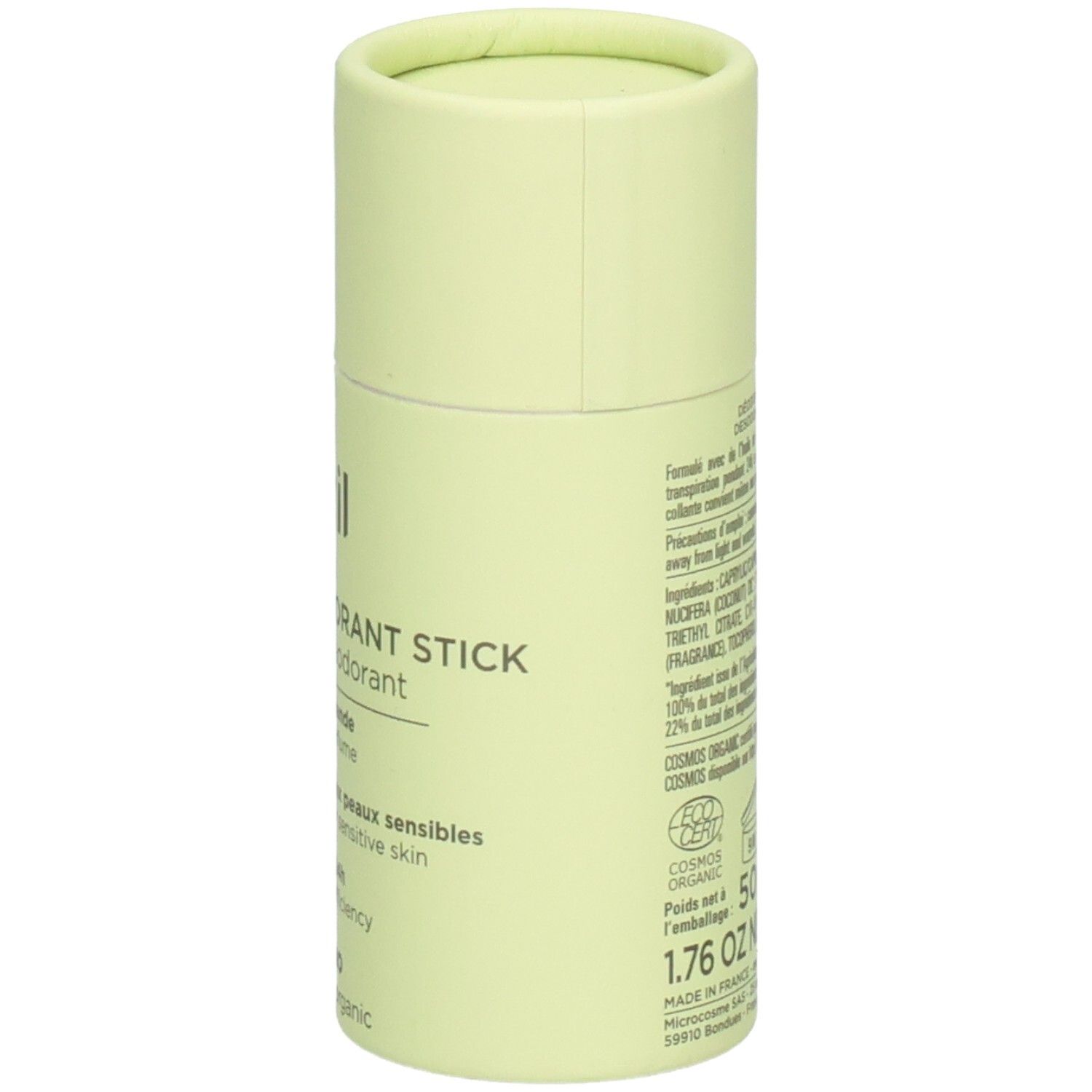 Deodorantstick van Avril, achterkant met ingrediënten en certificeringen. Lichtgroene achtergrond.