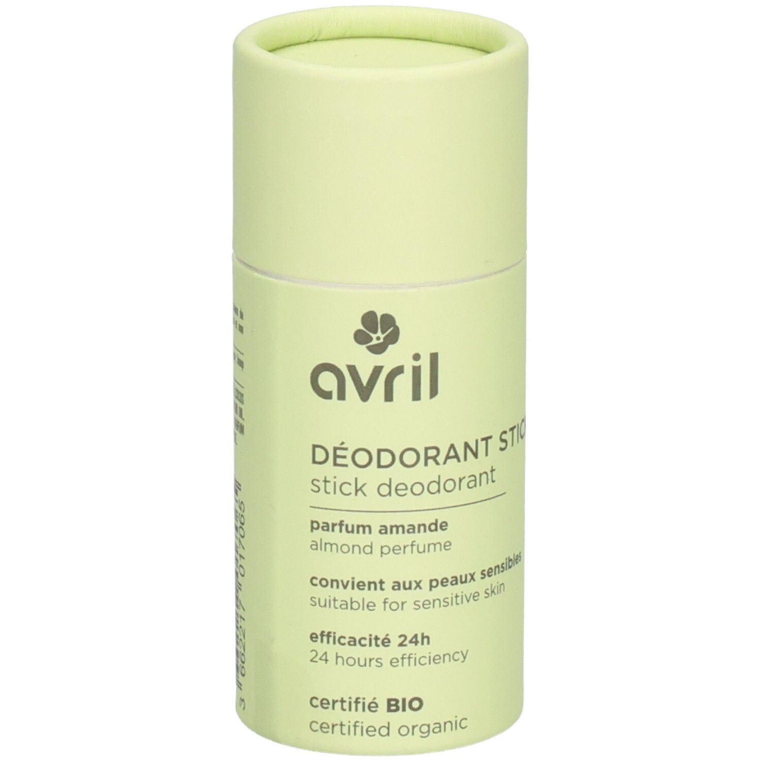 Deodorantstick van Avril, lichtgroene verpakking. Productnaam en certificering zichtbaar. Tekst: 'Déodorant Stick', 'parfum amande'.