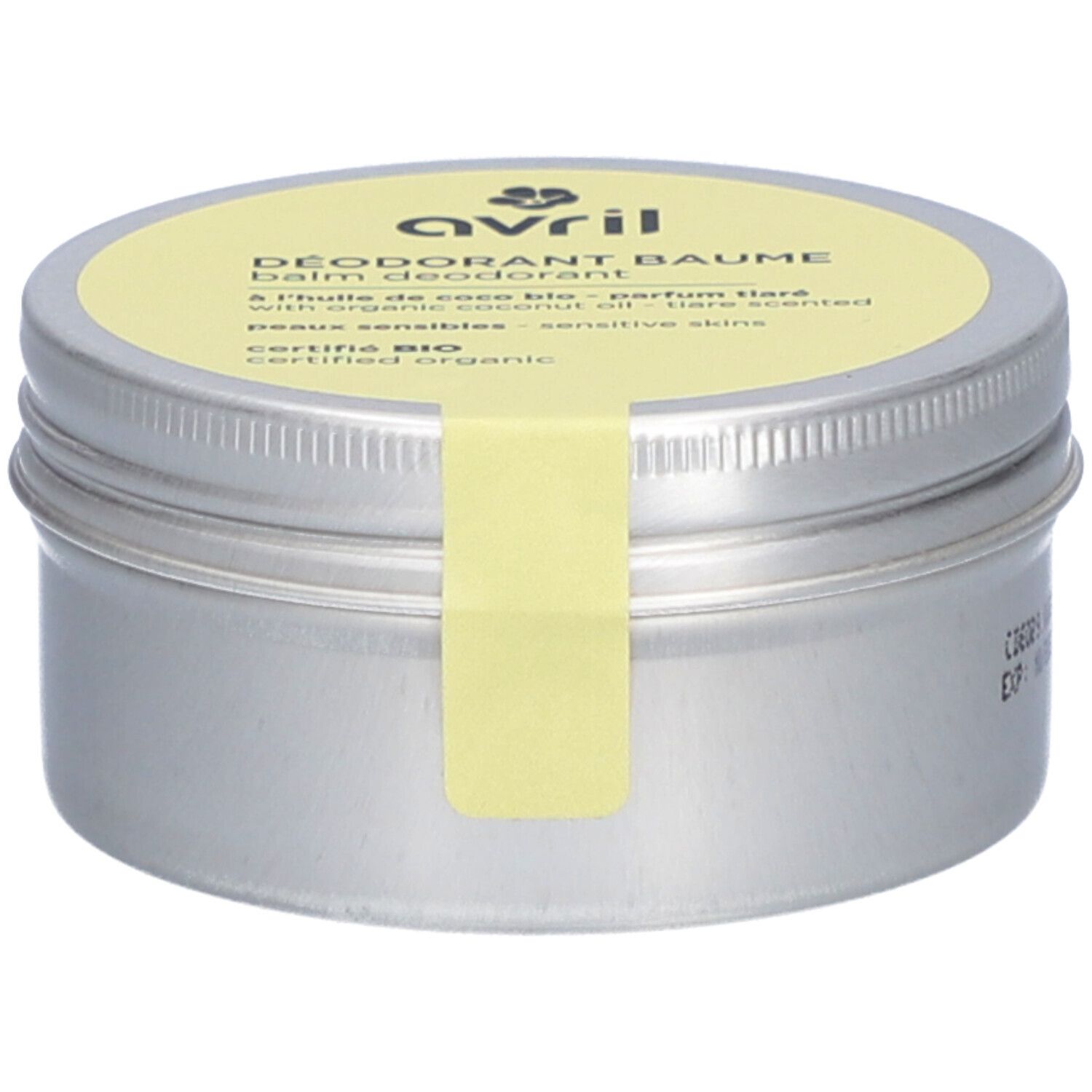 Ronde zilverkleurige pot met gele deksel. Opschrift: Avril, Déodorant baume, peaux sensibles, gecertificeerd Bio.