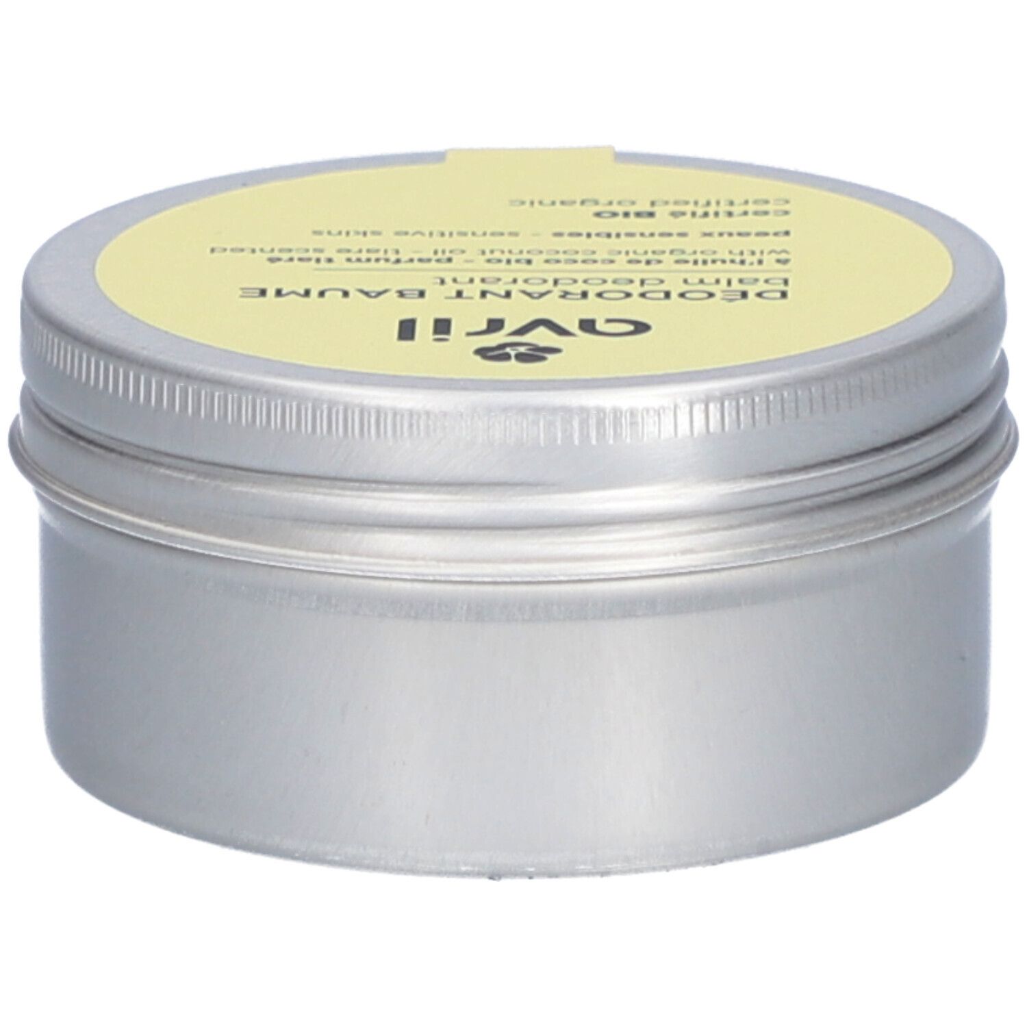 Ronde zilverkleurige pot met gele deksel. Opschrift: Avril, Déodorant baume, peaux sensibles, gecertificeerd Bio.
