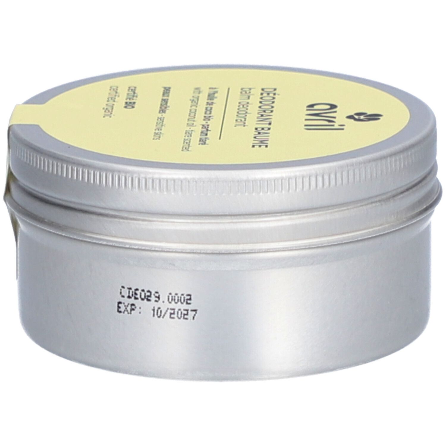 Ronde zilverkleurige pot met gele deksel. Opschrift: Avril, Déodorant baume, peaux sensibles, gecertificeerd Bio. Etiket.