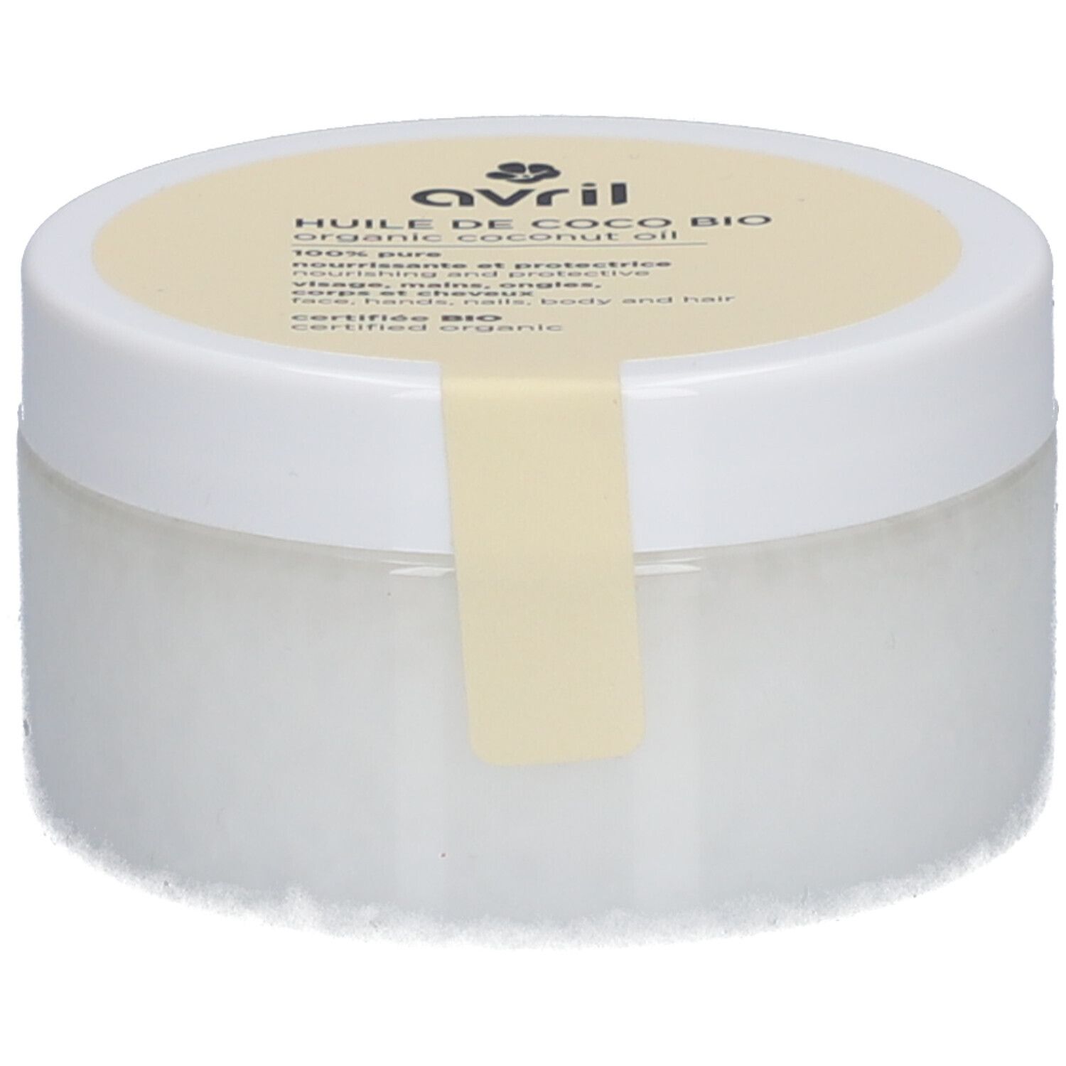 Witte pot met gele deksel. Opschrift: Avril, Huile de Coco Bio, organic coconut oil, 100% pure. Bio-certificering.