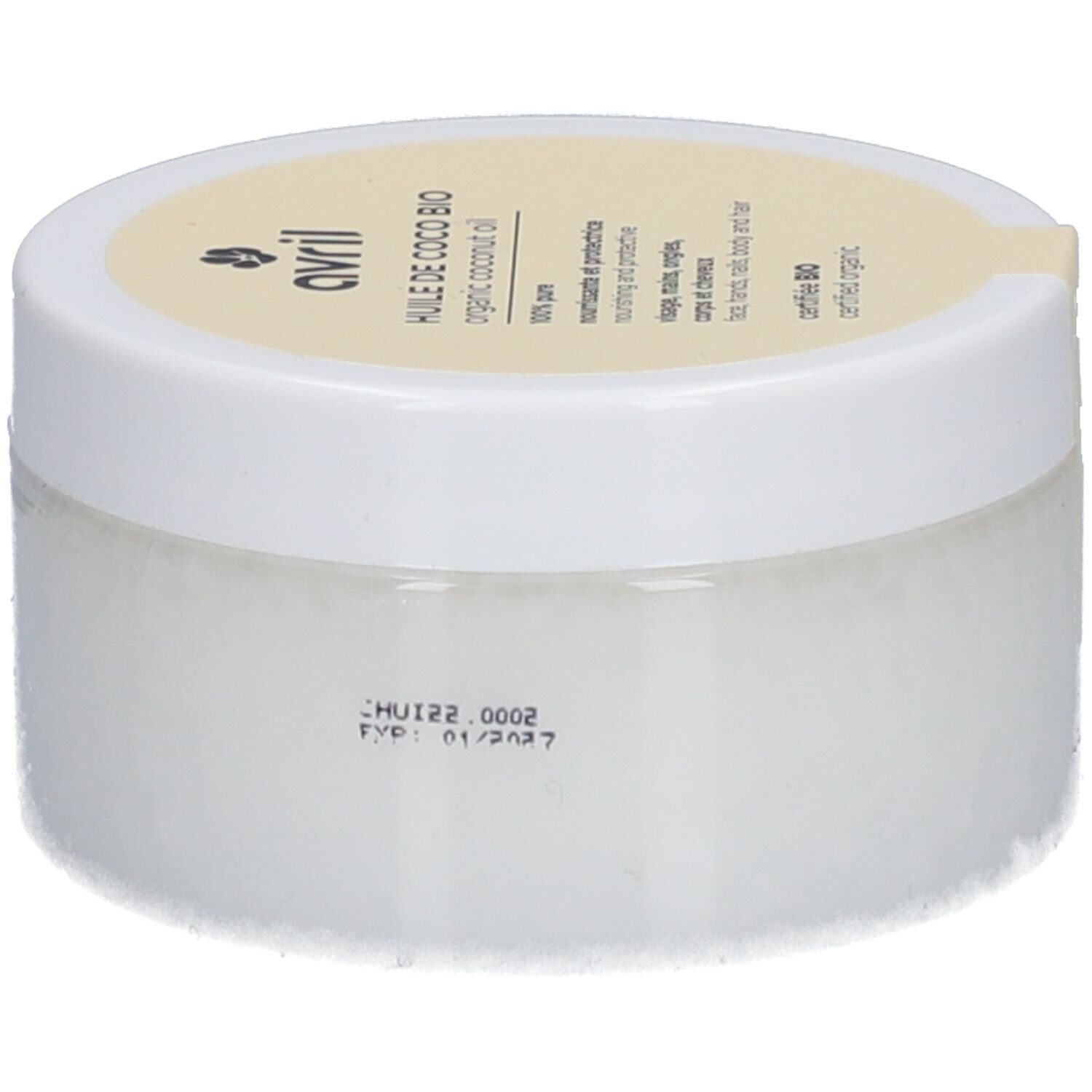 Witte pot met gele deksel. Opschrift: Avril, Huile de Coco Bio, organic coconut oil, 100% pure. Bio-certificering. Productiedatum.