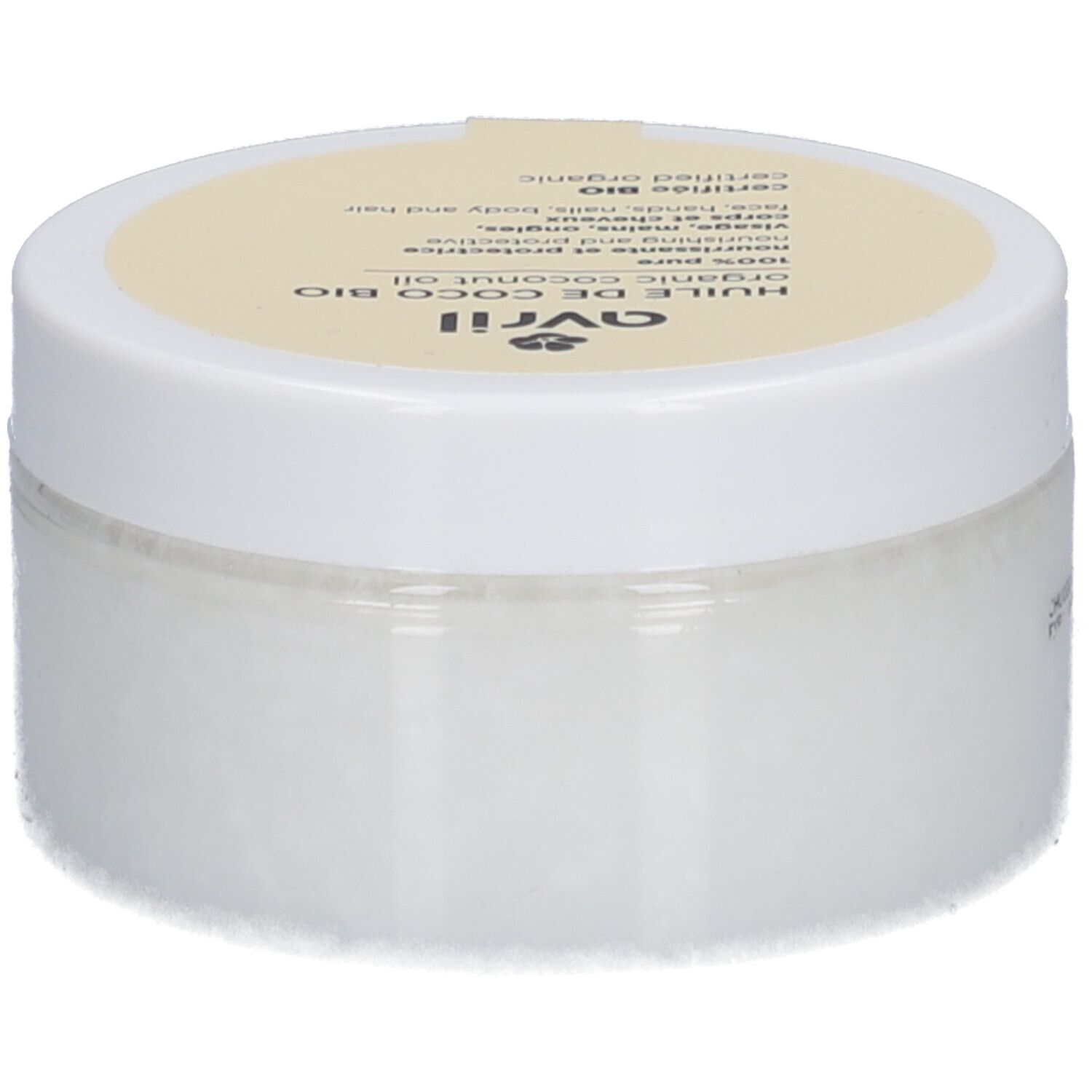 Witte pot met gele deksel. Opschrift: Avril, Huile de Coco Bio, organic coconut oil, 100% pure. Bio-certificering. Productlabel.