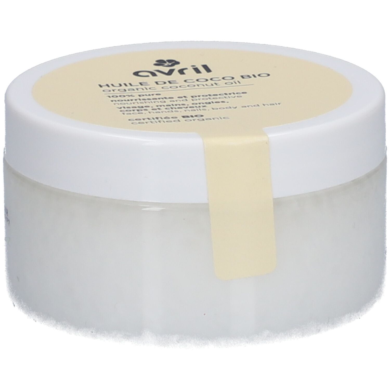 Witte pot met gele deksel. Opschrift: Avril, Huile de Coco Bio, organic coconut oil, 100% pure. Bio-certificering. Productlabel.