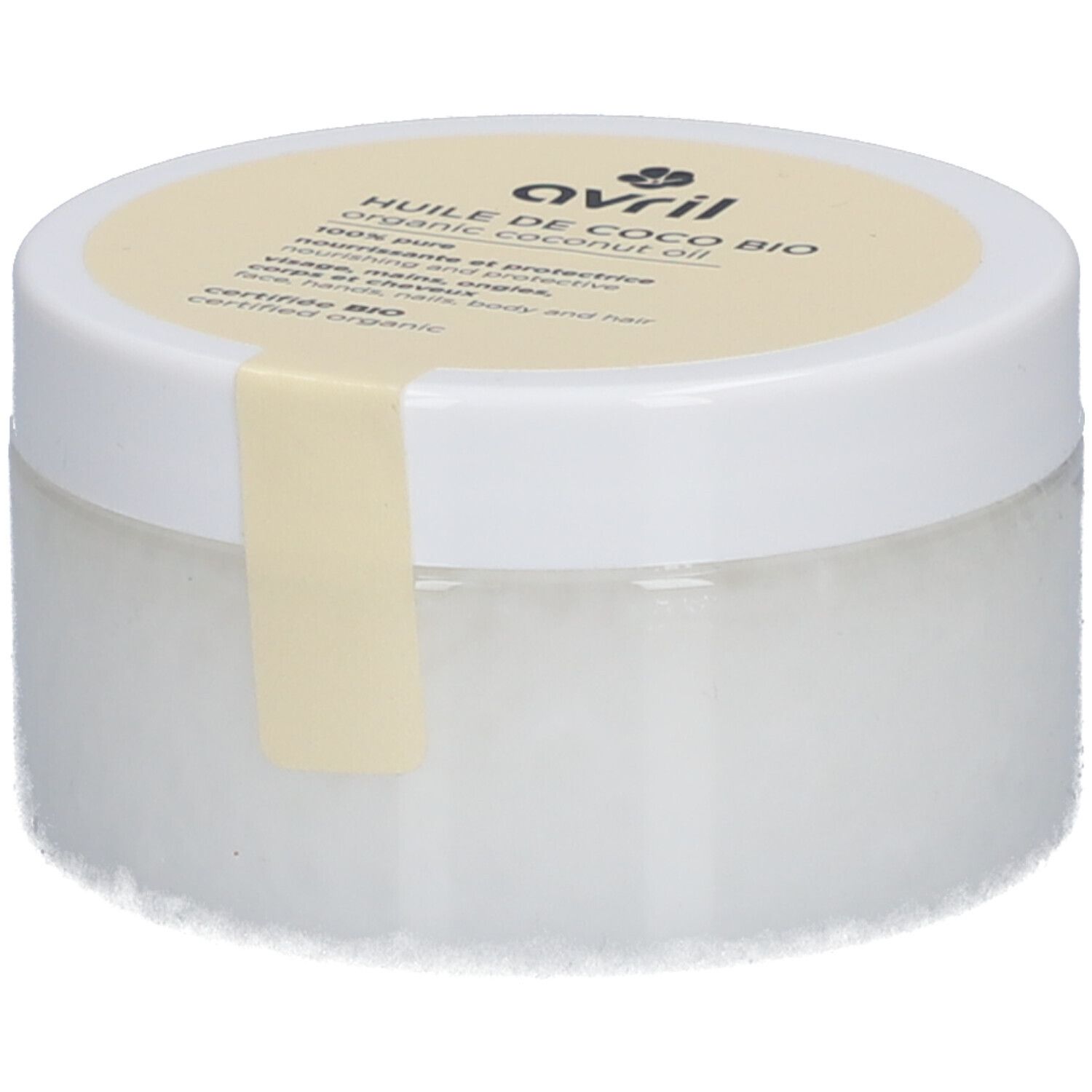 Witte pot met gele deksel. Opschrift: Avril, Huile de Coco Bio, organic coconut oil, 100% pure. Bio-certificering. Productlabel.