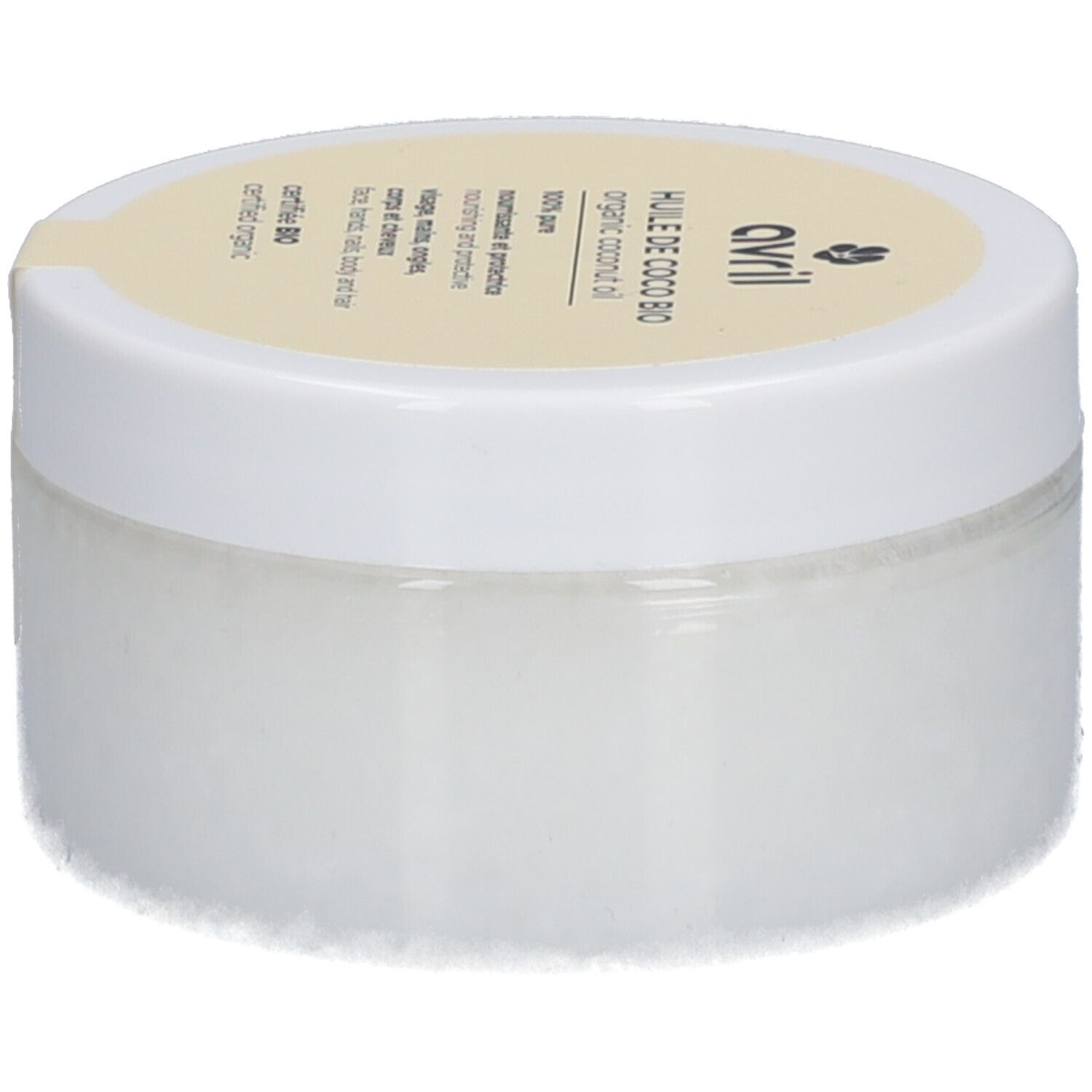 Witte pot met gele deksel. Opschrift: Avril, Huile de Coco Bio, organic coconut oil, 100% pure. Bio-certificering. Productlabel.
