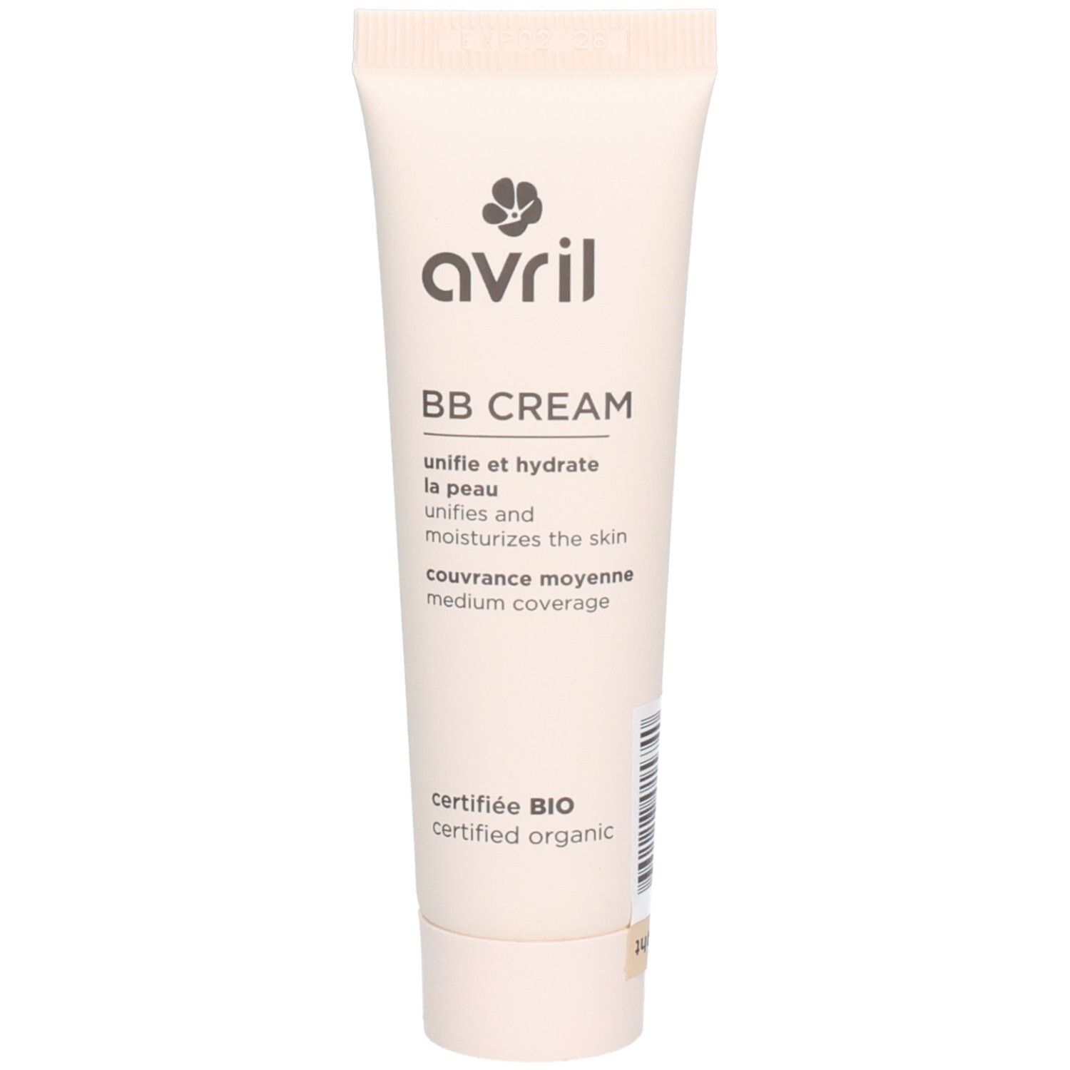 Beige tube. Opschrift: Avril, BB Cream, unifie et hydrate la peau, unifies and moisturizes the skin, couvrance moyenne, certifié BIO.