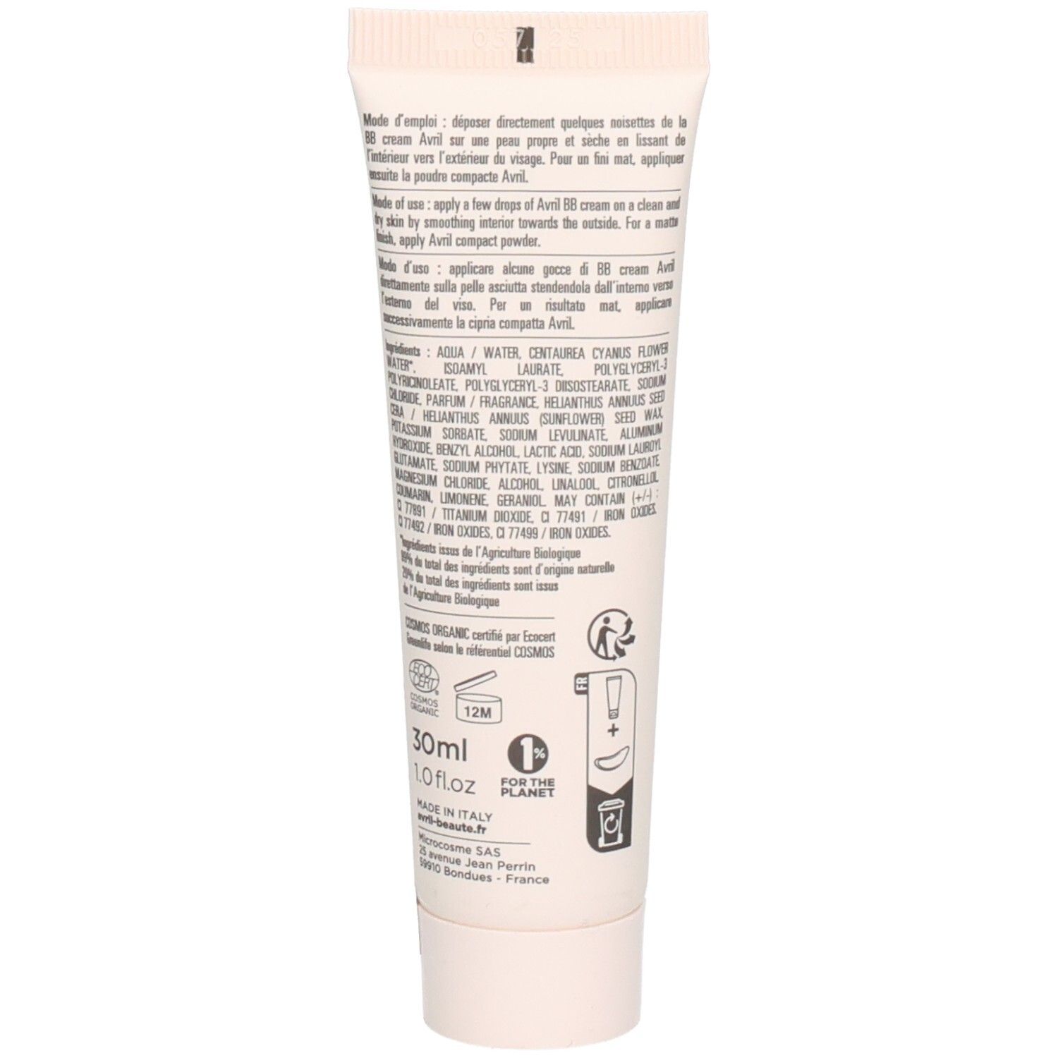 Achterkant tube. Tekst: Gebruiksaanwijzing, ingrediënten, 30ml, 1.0fl.oz, Made in Italy, gecertificeerd BIO, logo voor de planeet.