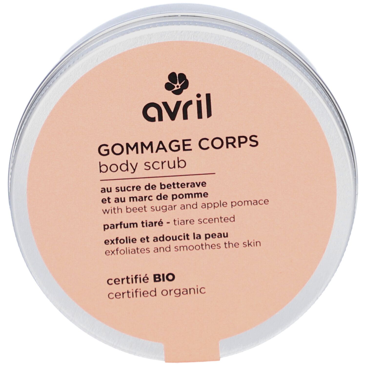 Ronde pot met deksel. Opschrift: AVRIL Gommage Corps. Gecertificeerd BIO. Tekst in het Frans en Engels.