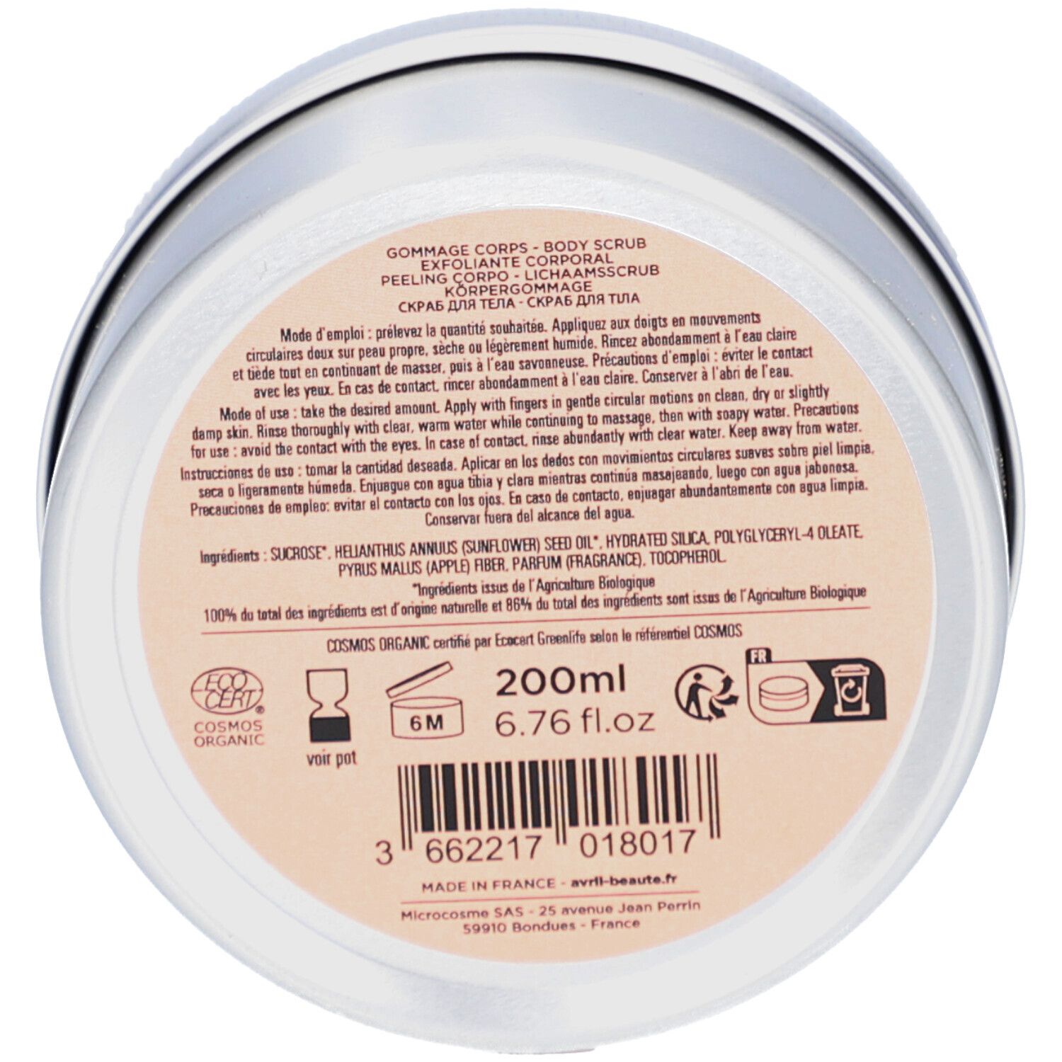 Ronde potbodem met tekst. Ingrediënten, gebruiksaanwijzing, certificeringen, volume-aanduiding: 200ml.