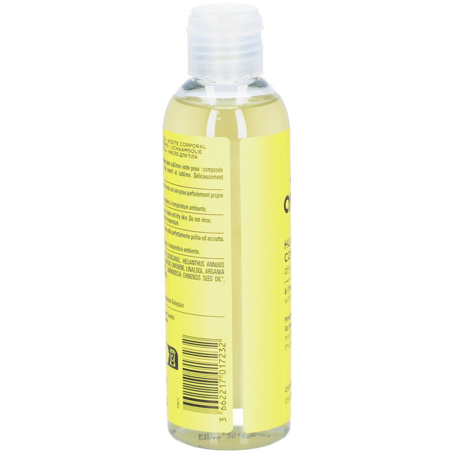Flacon jaune d'huile sèche, dos avec texte. Inscription: Huile Sèche Corporelle. Certification bio.