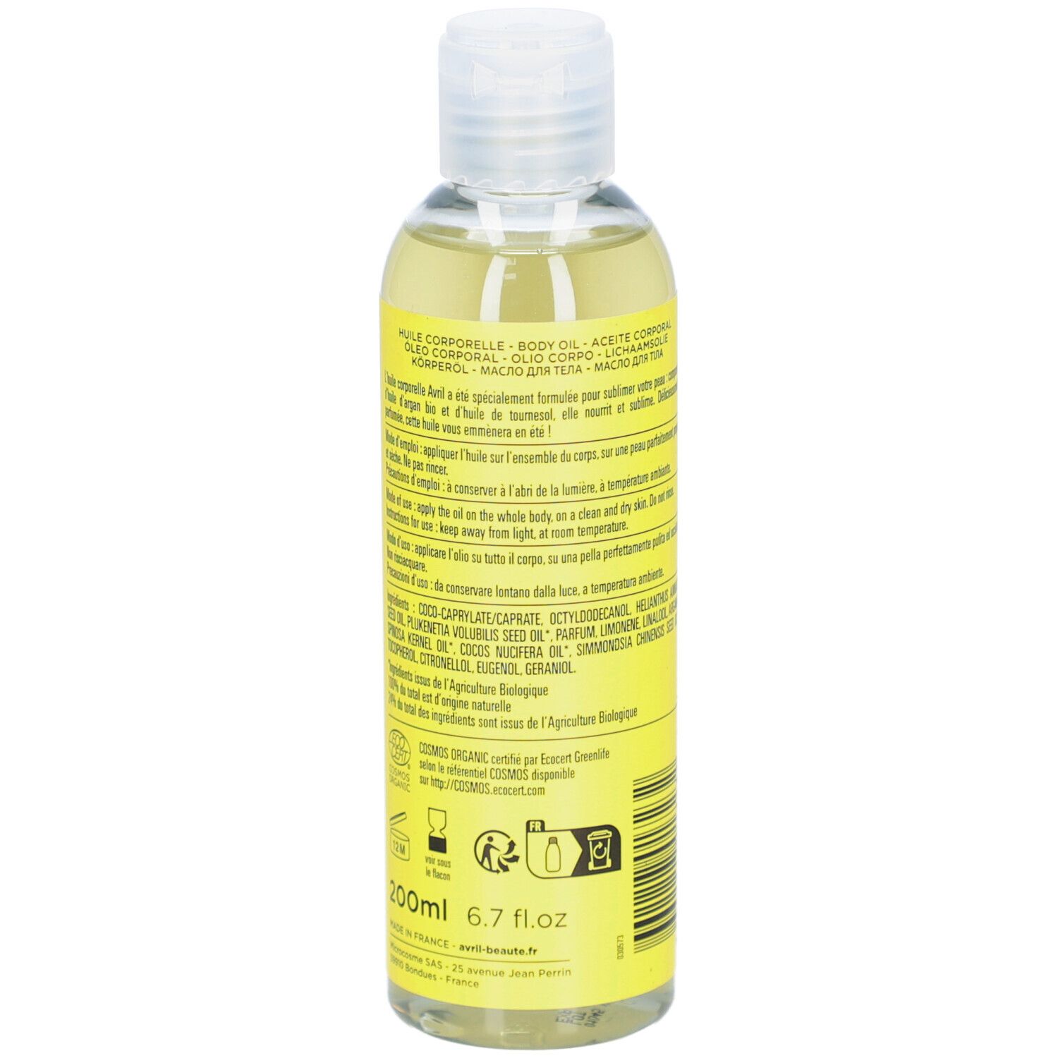 Flacon jaune d'huile sèche, dos avec texte et ingrédients. Certification bio. 200ml.
