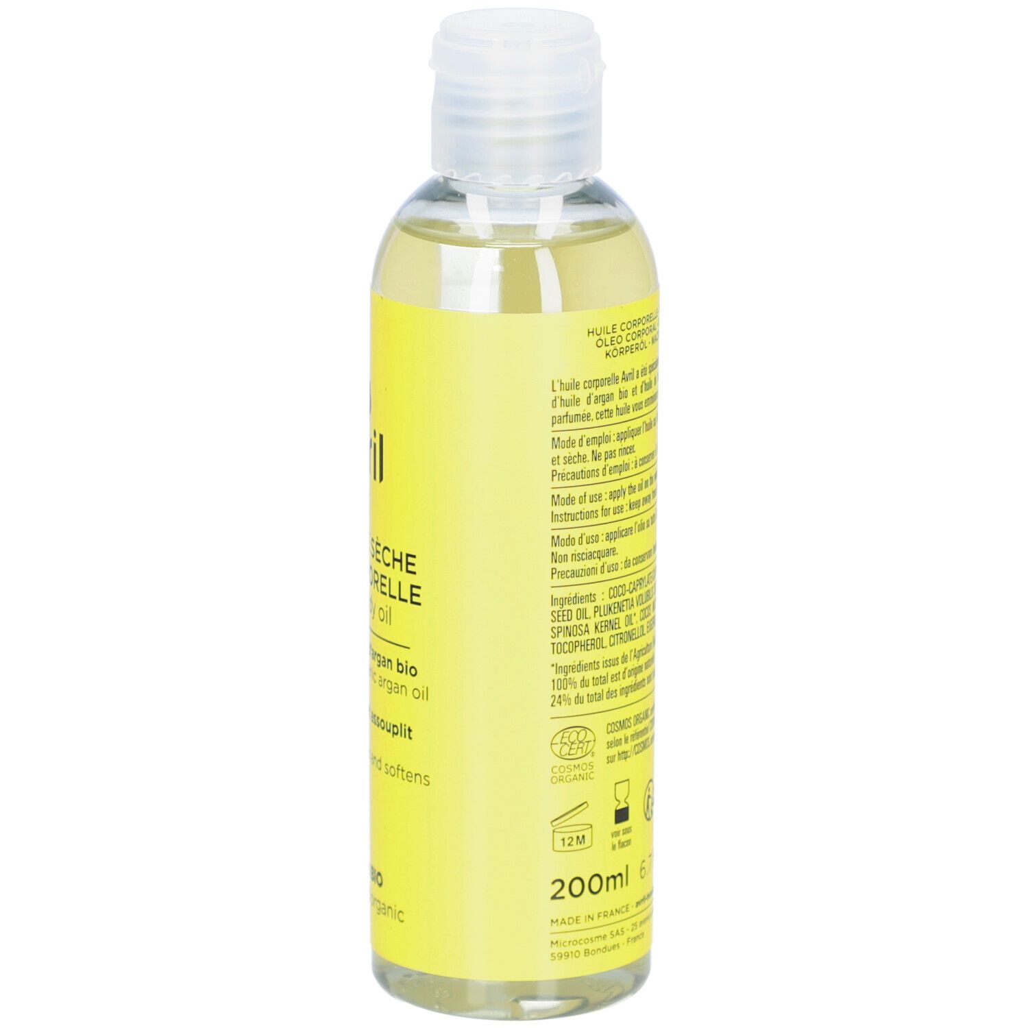 Flacon jaune d'huile sèche, dos avec texte. Inscription: Huile Sèche Corporelle. 200ml.