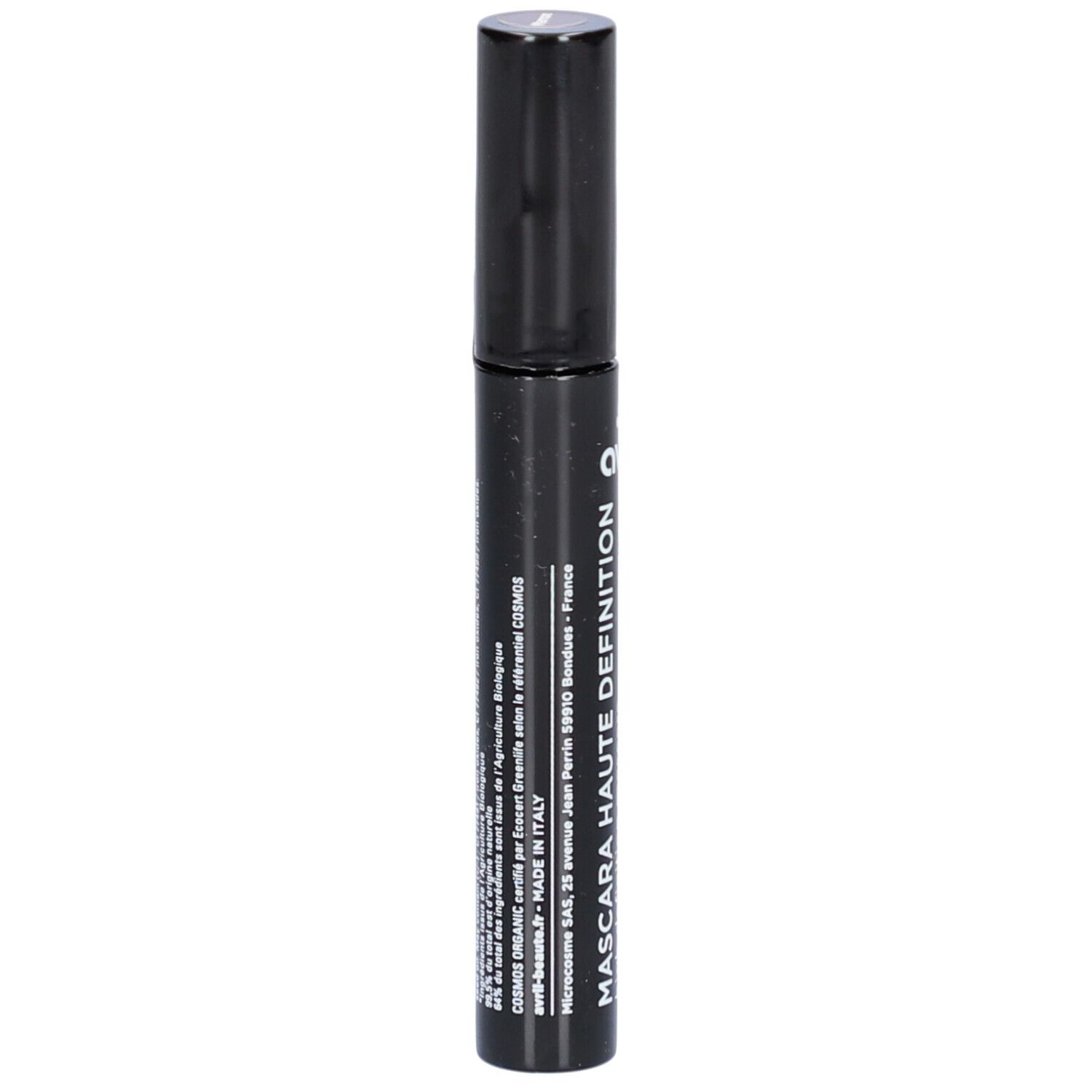 Tube de mascara noir avec texte. Marque: AVRIL. Fabriqué en Italie. Informations COSMOS ORGANIC.