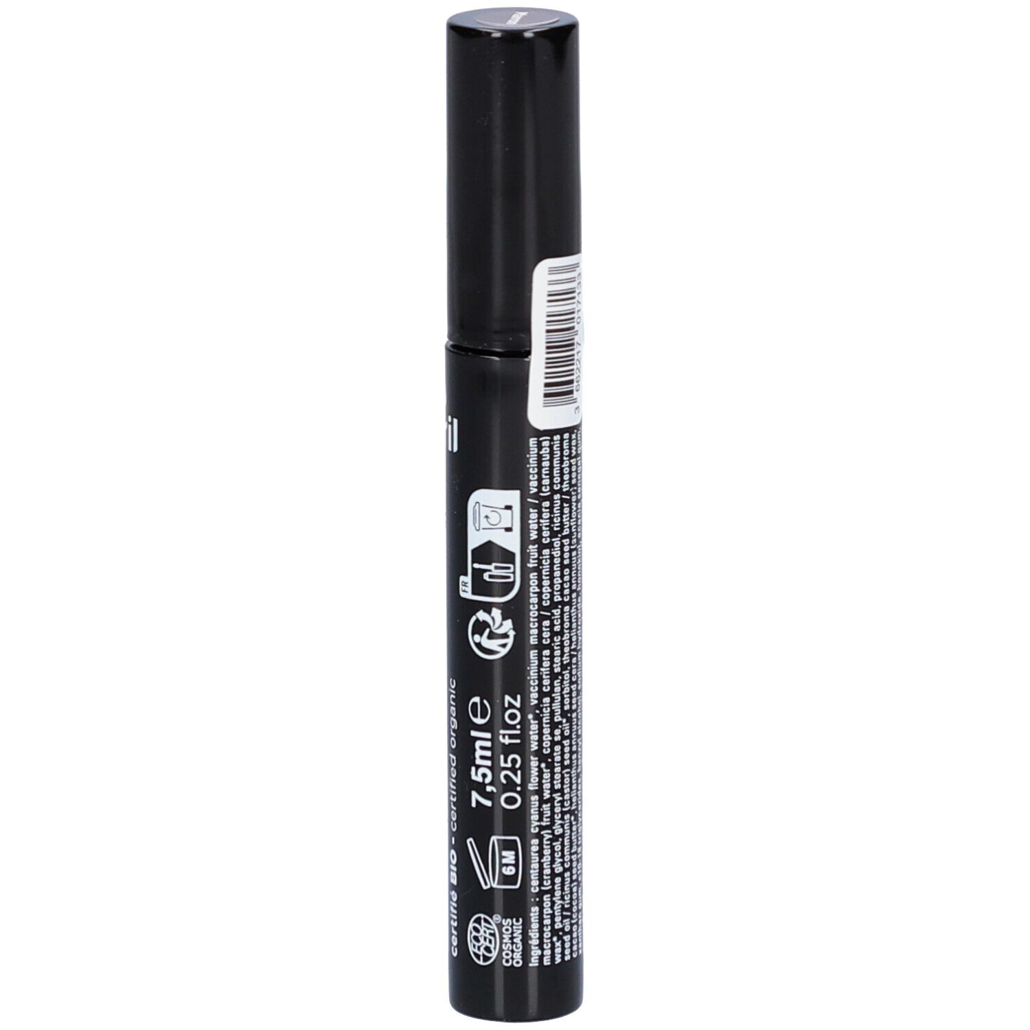 Tube de mascara noir avec texte et code-barres. Volume: 7,5ml, 0,25 fl oz. Certification bio.