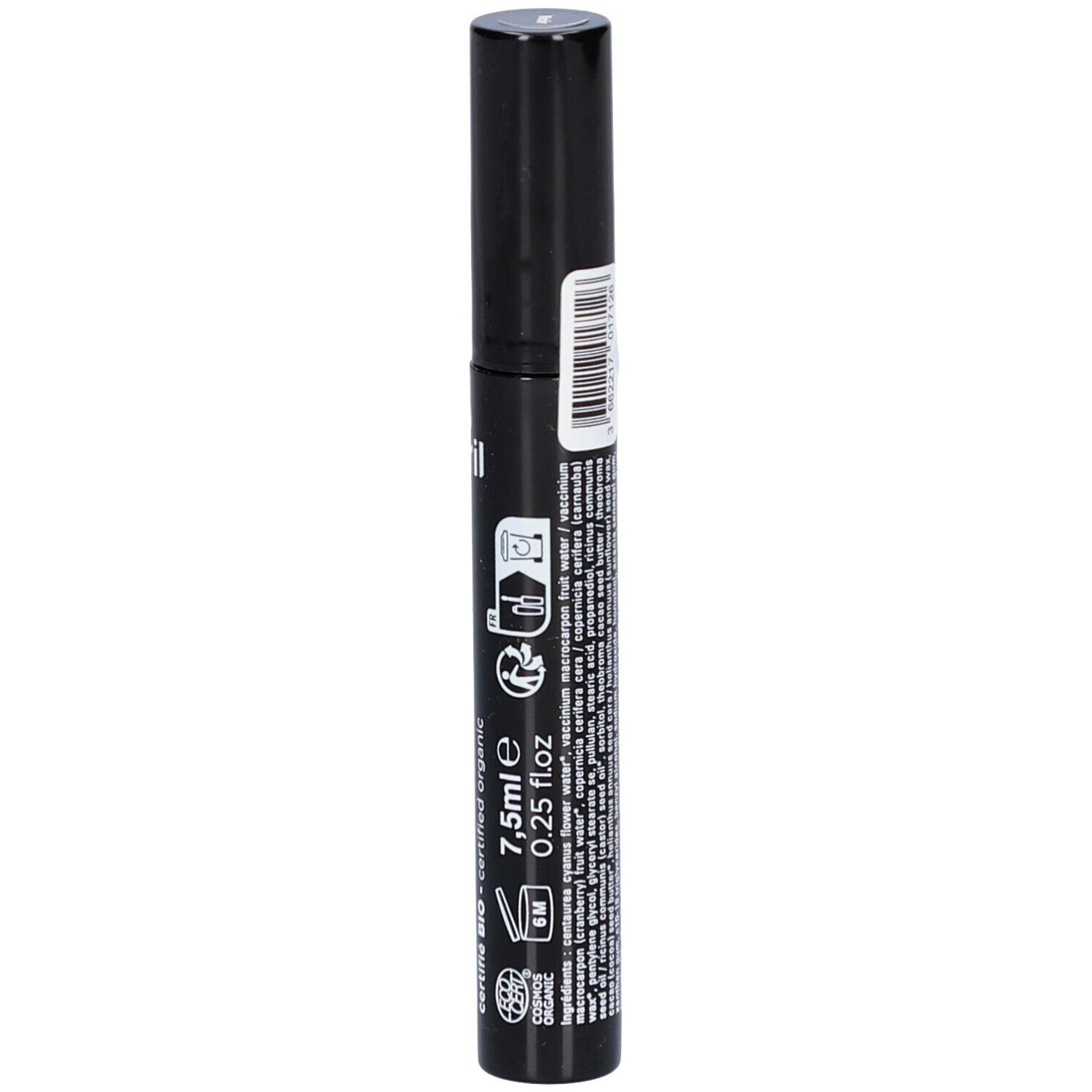 Dos du tube de mascara noir avec texte, volume 7,5ml/0.25 fl oz et certifications.