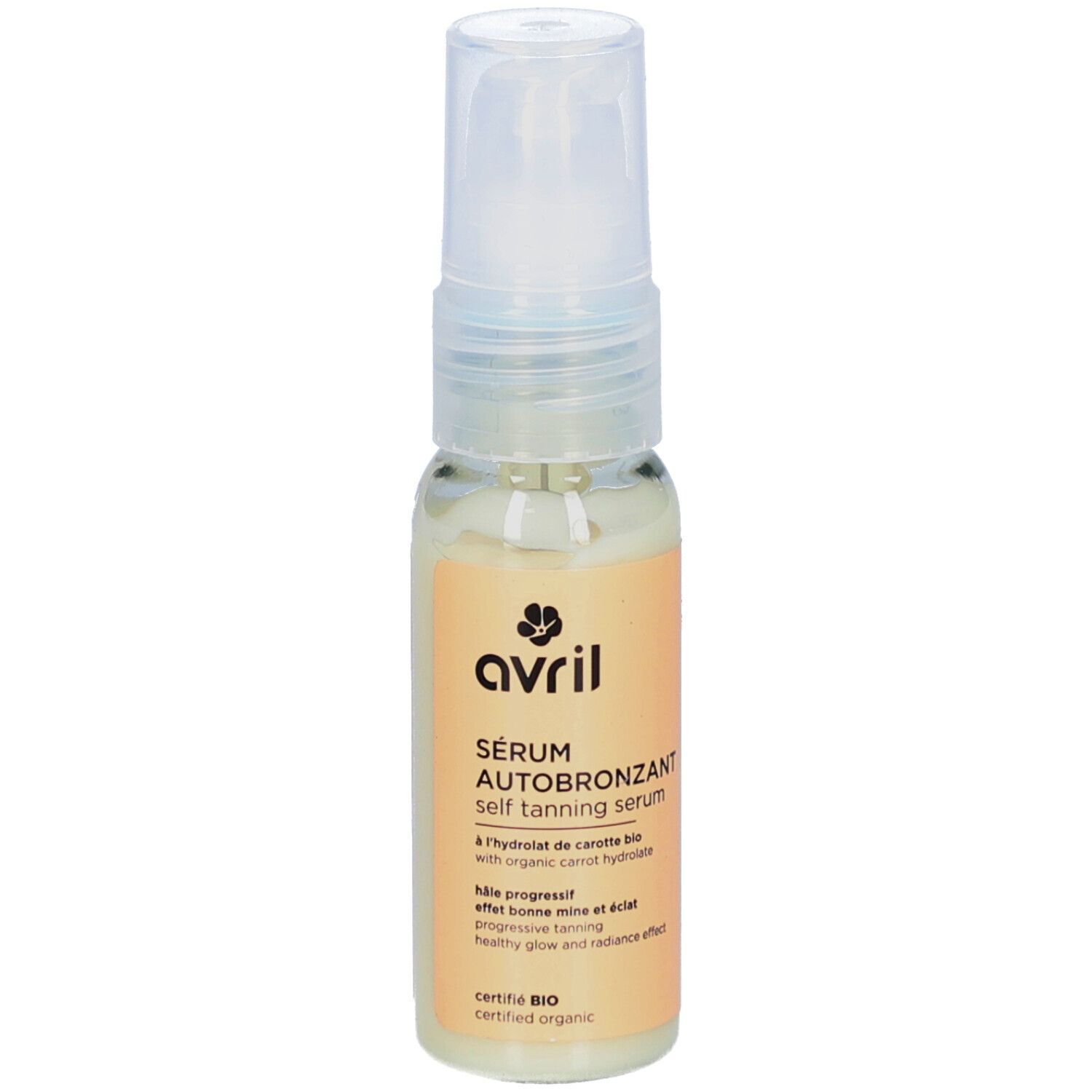 Flacon de sérum autobronzant AVRIL avec pompe. Inscription: Sérum Autobronzant, certifié BIO.