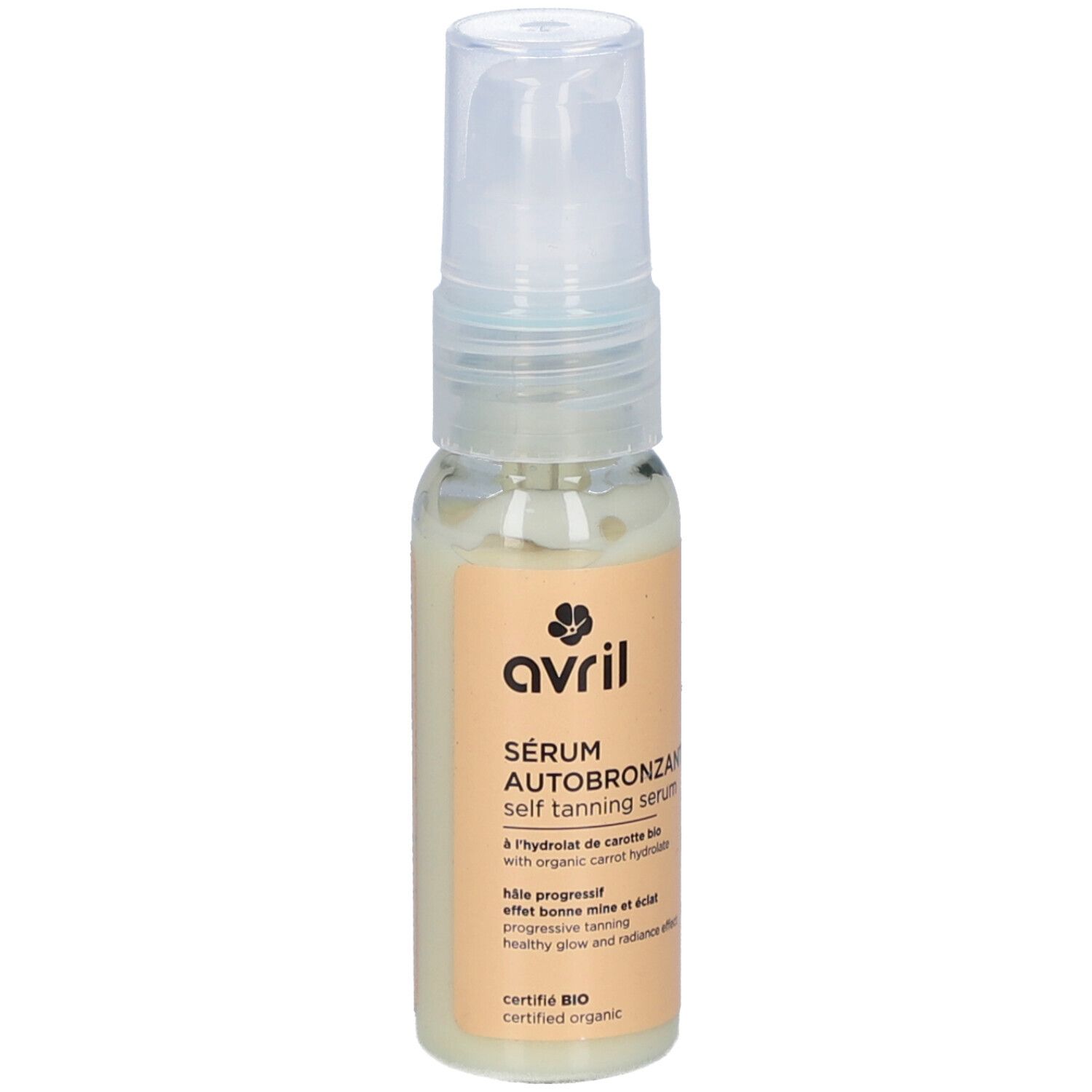 Flacon de sérum autobronzant AVRIL avec pompe. Inscription: Sérum Autobronzant, certifié BIO.