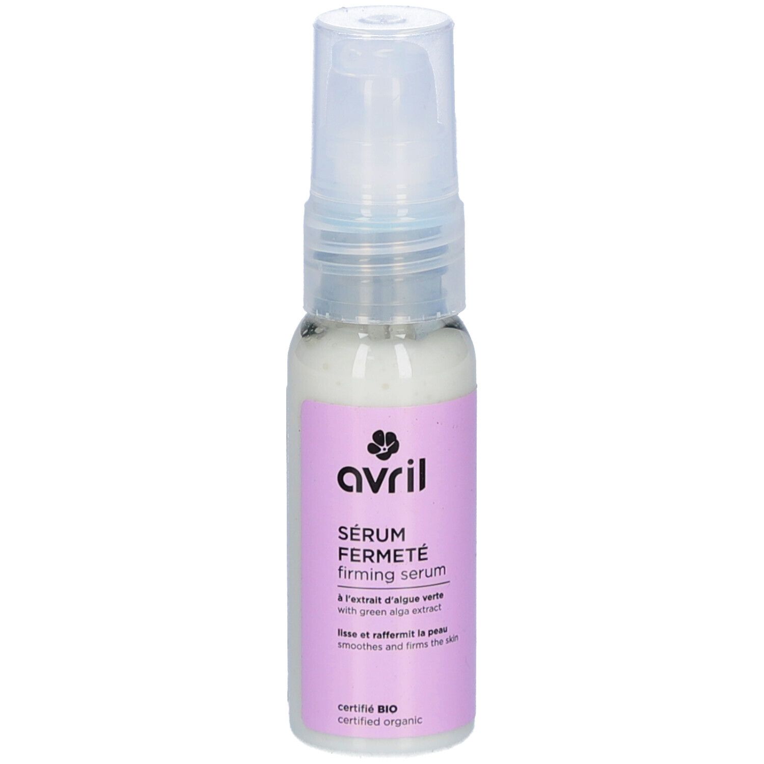 Flacon transparent avec pompe. Étiquette avec nom du produit et logo. Certification BIO.