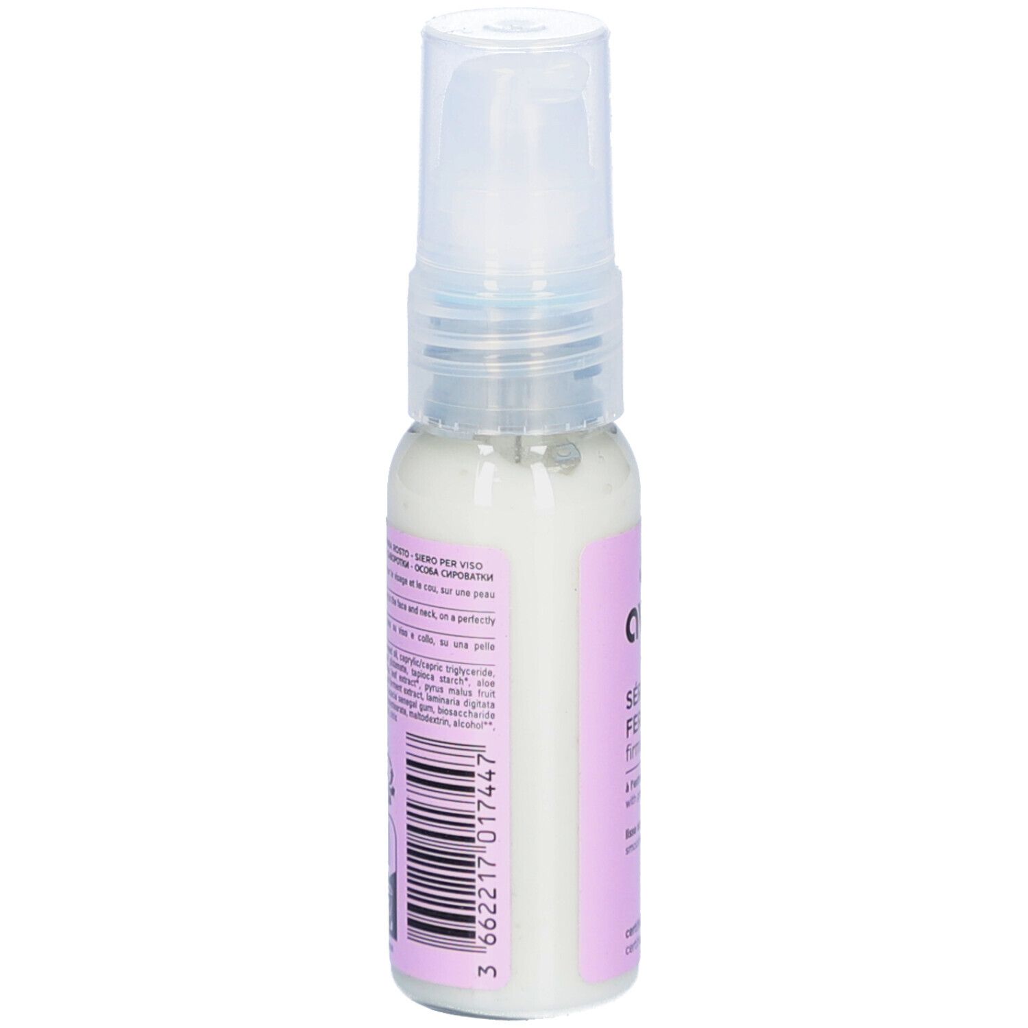 Dos du flacon. Code-barres et texte. Pompe transparente.