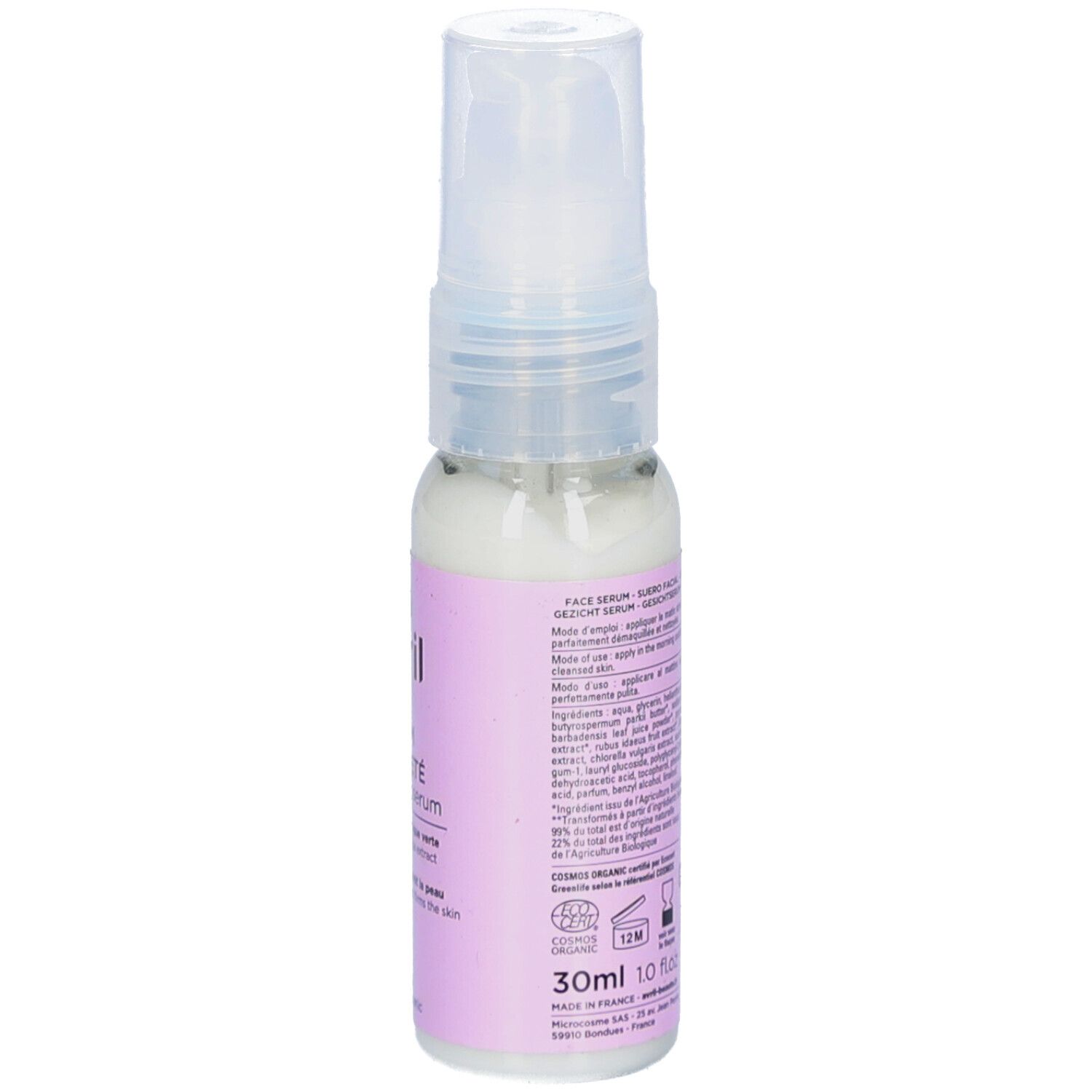 Dos du flacon. Texte, symboles et indication de volume. Pompe transparente.