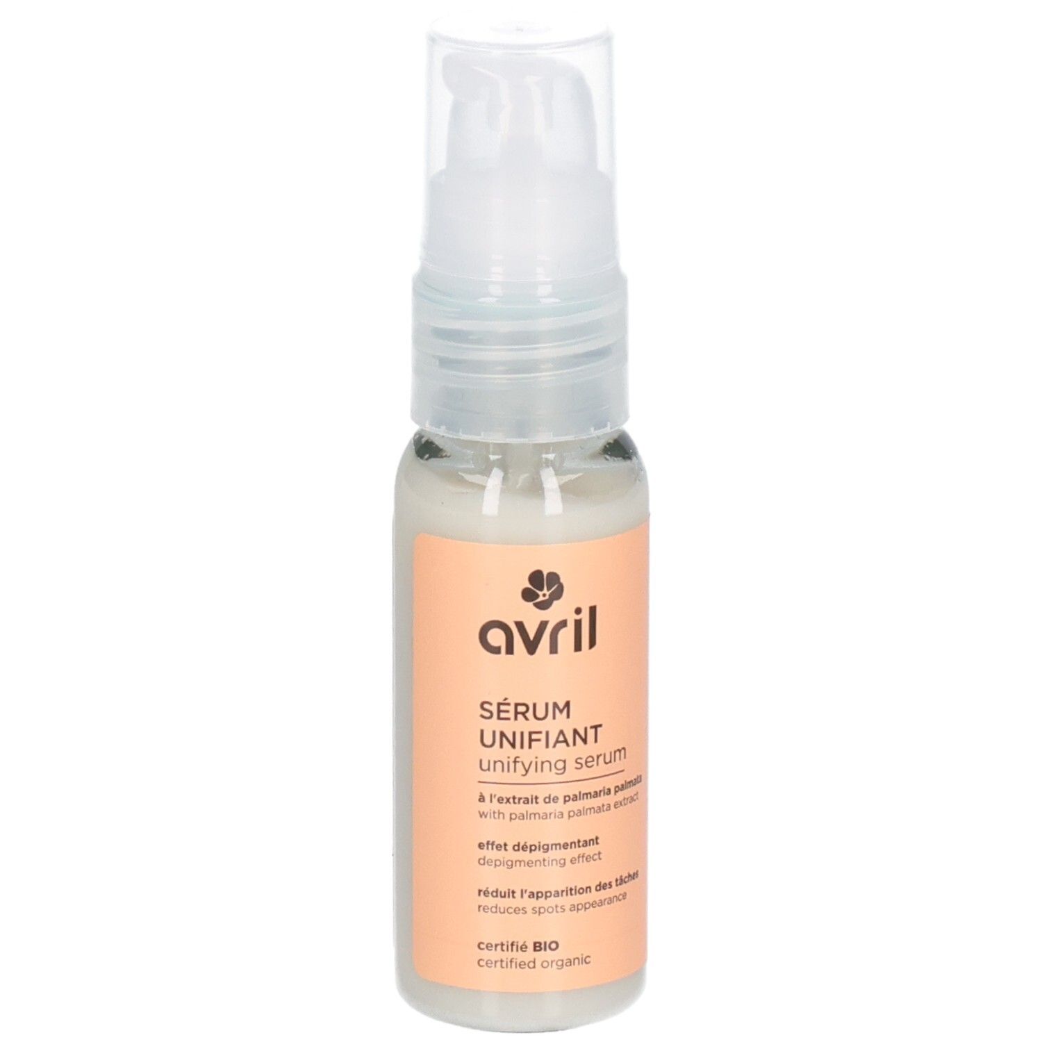 Transparante fles met pomp. Etiket met productnaam, merk en certificering. Bevat serum. Biologische certificering.