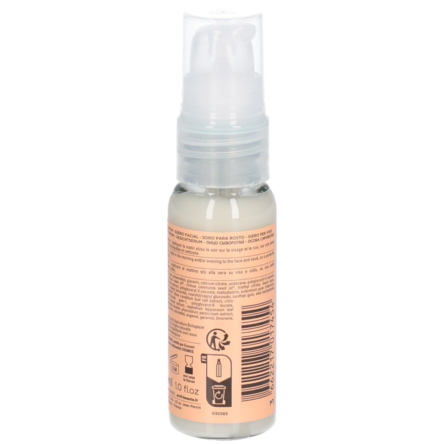 Achteraanzicht van de fles. Tekst op het etiket. Productnaam en merk niet zichtbaar. 10 fl oz.