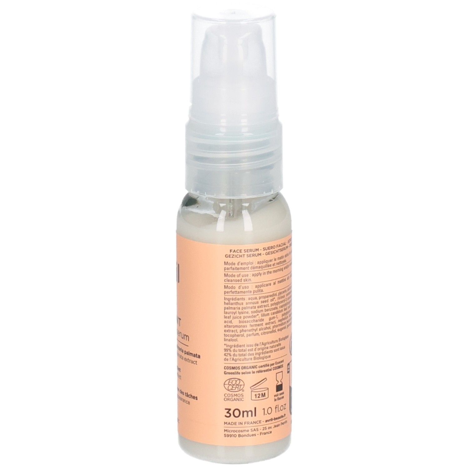 Achteraanzicht van de fles. Tekst op het etiket. Productnaam en merk niet zichtbaar. 30ml 1.0 fl oz.