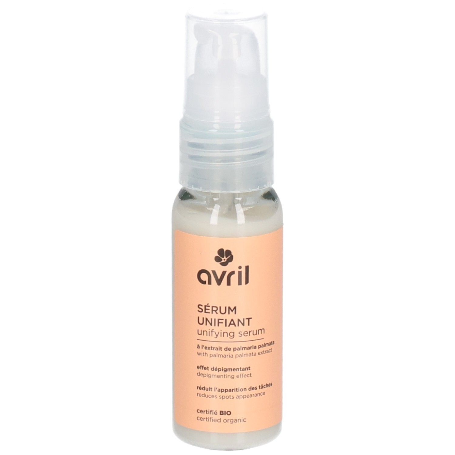 Transparante fles met pomp. Etiket met productnaam, merk en certificering. Bevat serum. Biologische certificering.