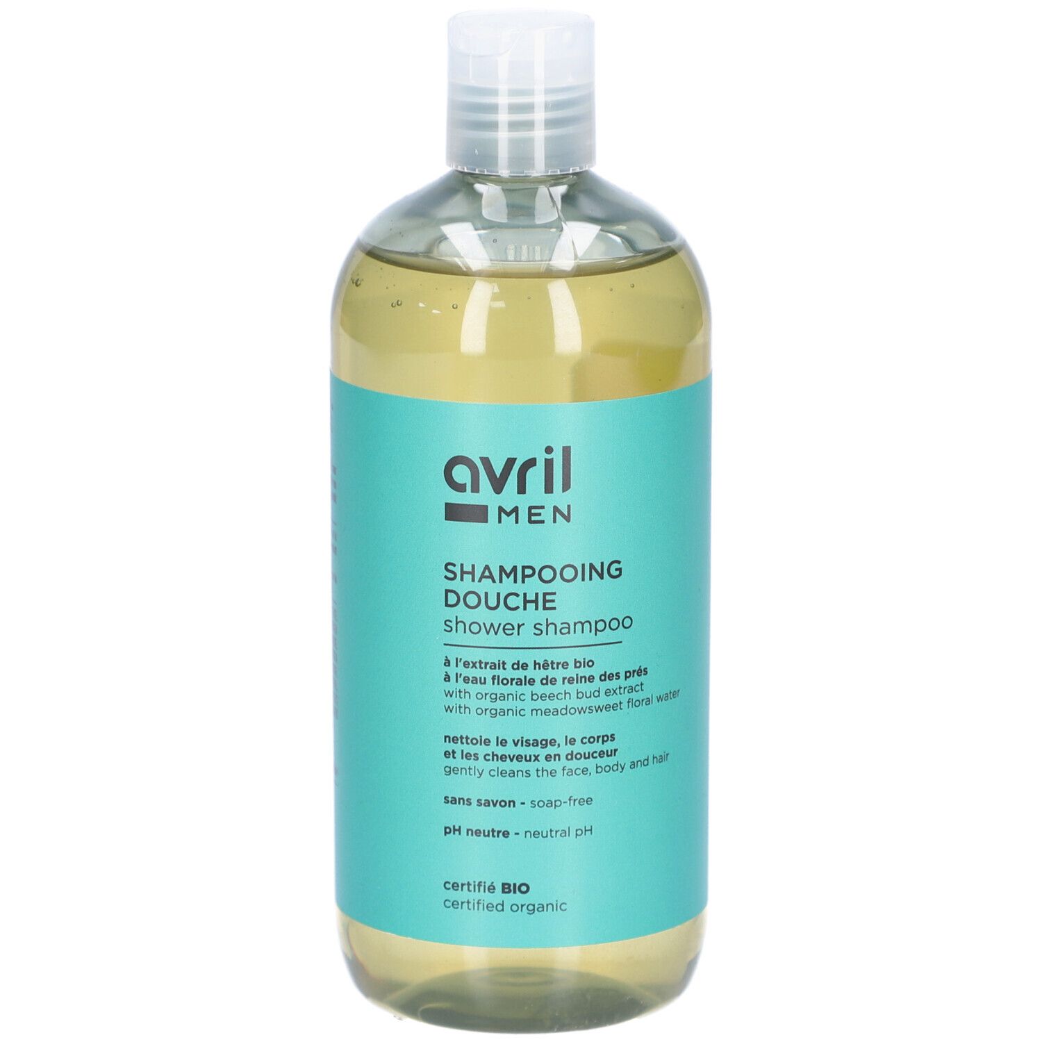 Flacon transparent avec étiquette verte. Inscription: avril MEN Shampooing Douche. Certifié BIO.
