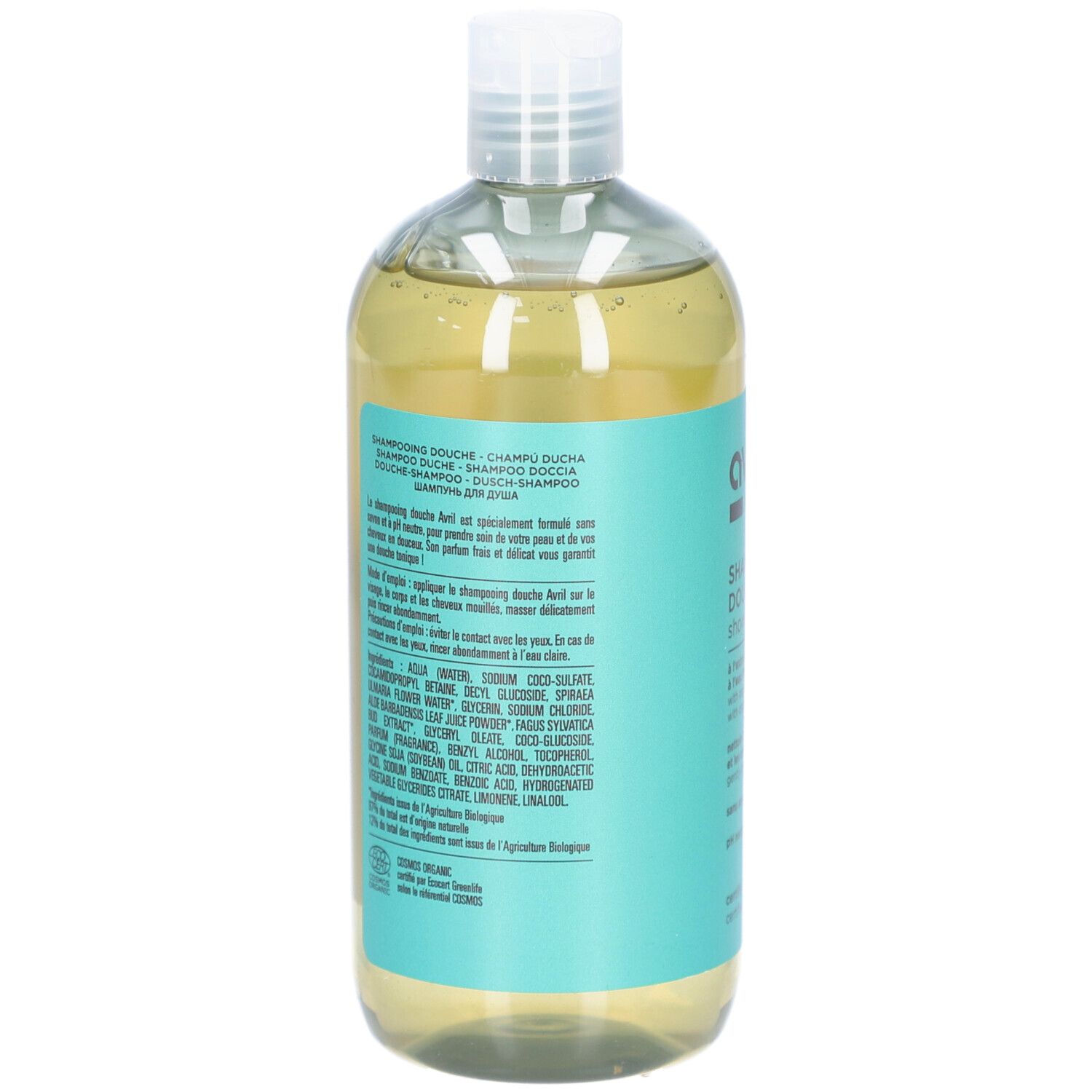 Dos du flacon. Étiquette verte avec texte. Ingrédients et informations de certification.