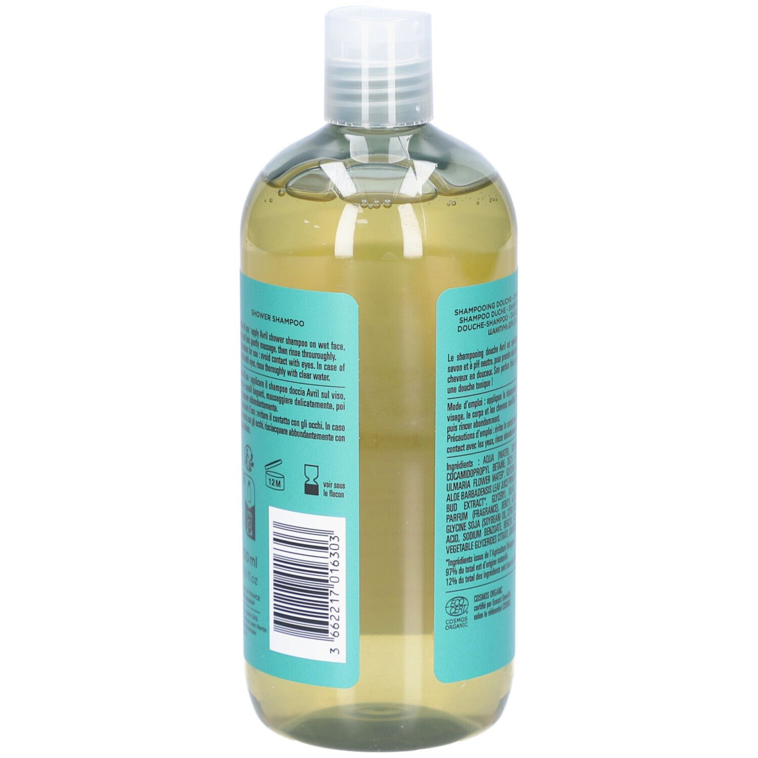 Dos du flacon. Étiquette verte avec texte. Ingrédients et informations de certification.