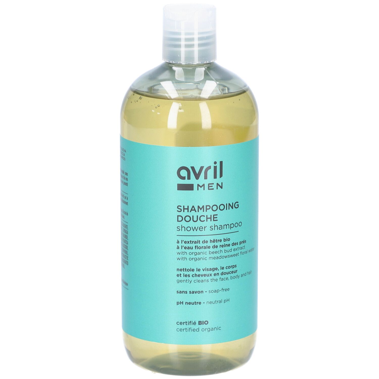 Flacon transparent avec étiquette verte. Inscription: avril MEN Shampooing Douche. Certifié BIO.